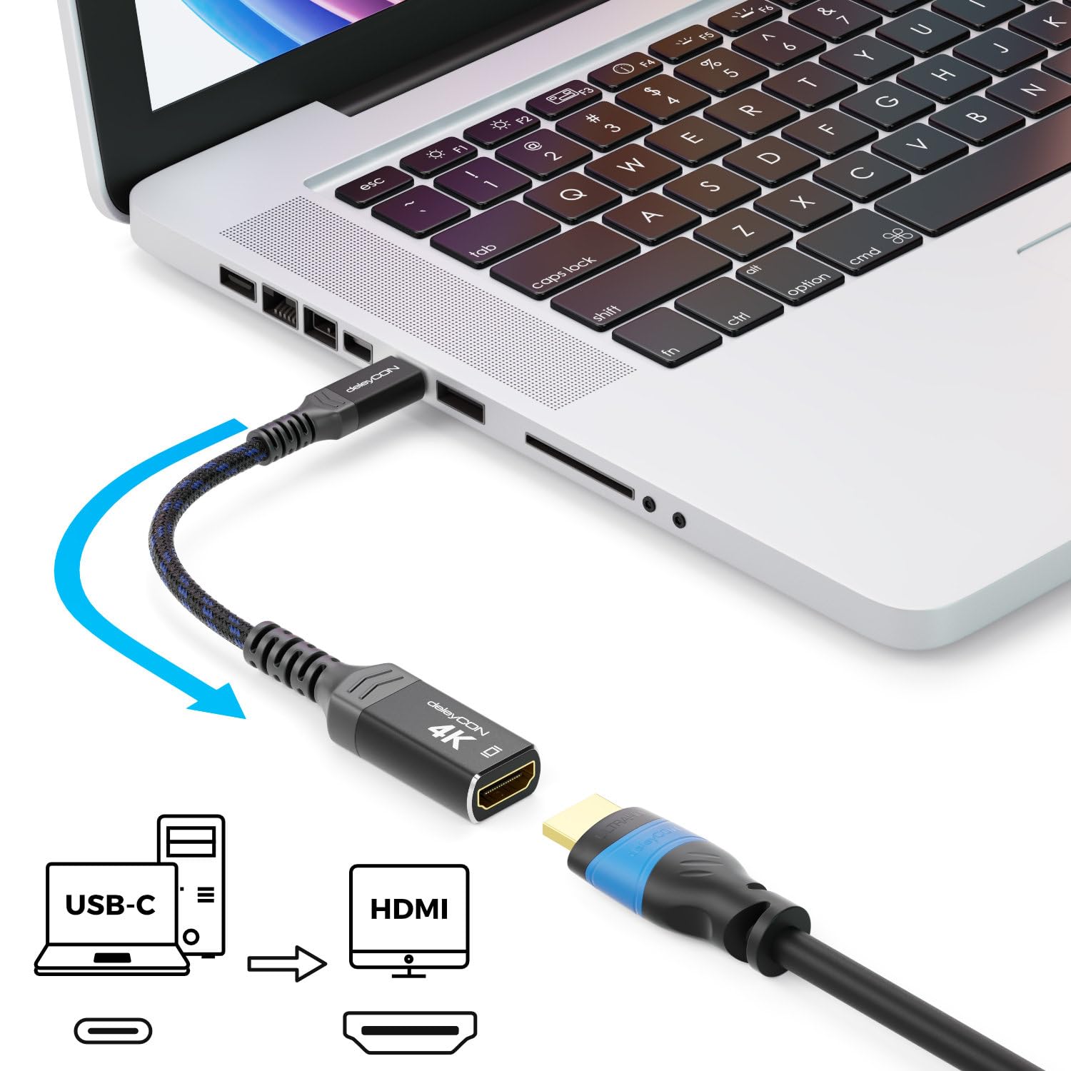 DeleyCON Cavo USB-C A HDMI 2m 4K@60Hz - Adattatore In Alluminio Per Monitor/TV, Compatibile IPhone 16/15, Samsung S24, IPad Pro - 2