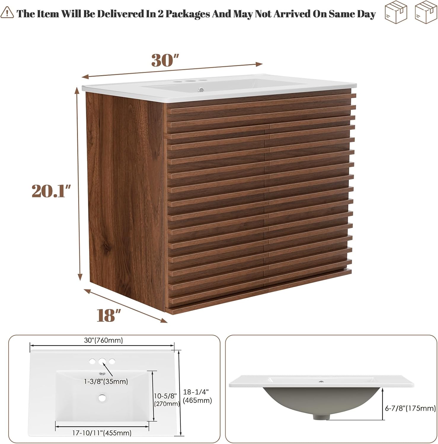 ROOMTEC 30" Bathroom Vanity with Ceramic Sink Combo, Mid-Century Wall Mounted Floating Vanity Cabinet with 2 Closing Doors, Wood Grain Texture, Walnut