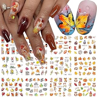 12pcs Autumn Nail Art Stickers - Maple Leaf Nail Accessories Fall Season Leaves Cartoon Cute Owls Hedgehog Animal Geometric Nail Water Decals Transfer Foils Manicure Thanksgiving Decoration Supplies