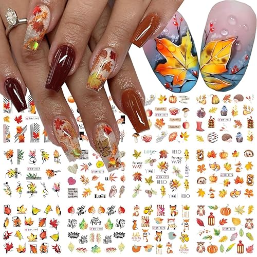 12 calcomanías de arte de uñas de otoño, accesorios de uñas de hoja de arce, hojas de temporada de otoño, dibujos animados, lindos búhos, erizo,