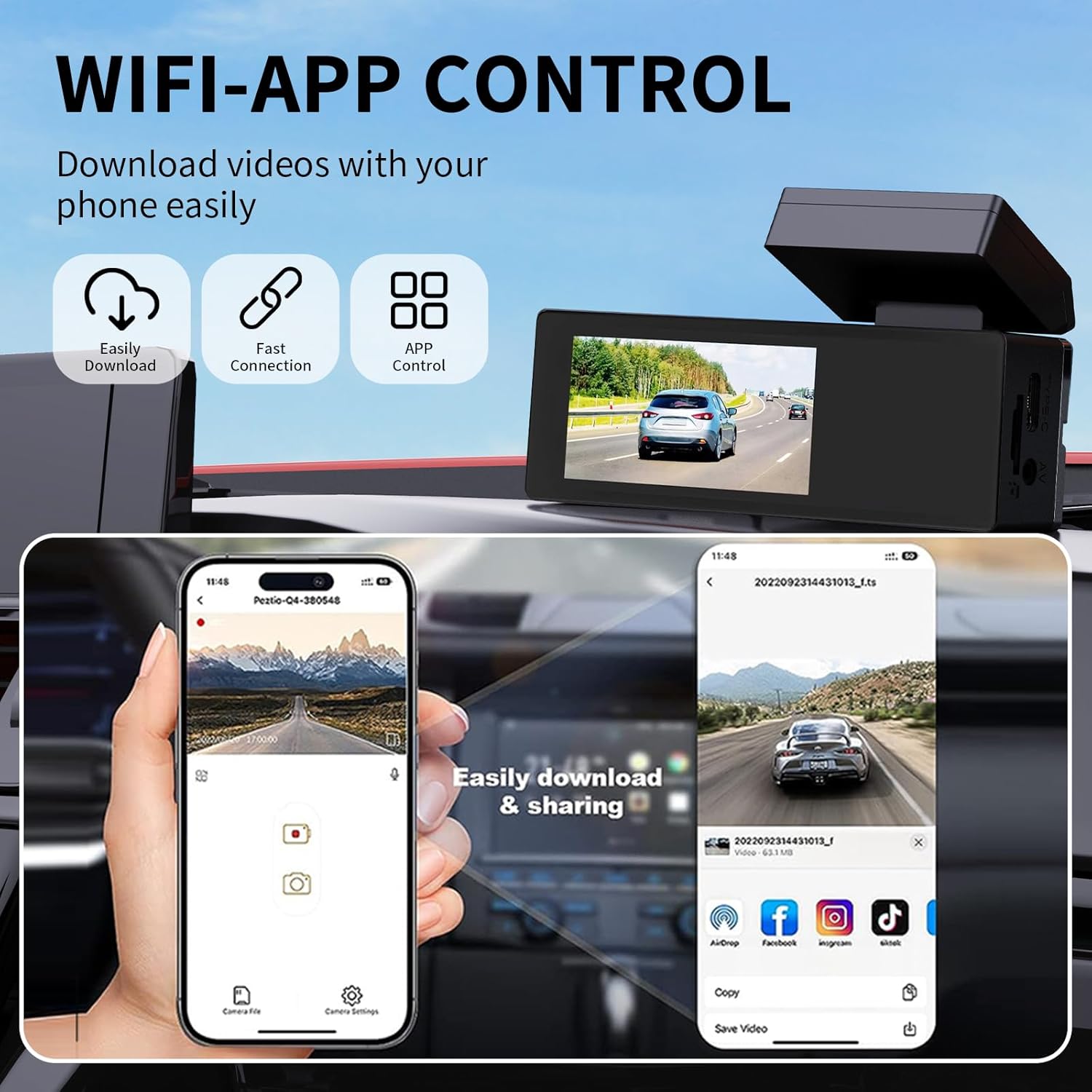 4K Dash Cam Front and Rear Dashcams for Cars, G-Sensor,Built in WiFi with APP, HD Loop Recording, Night Vision, Wide Angle, WDR, Parking Mode