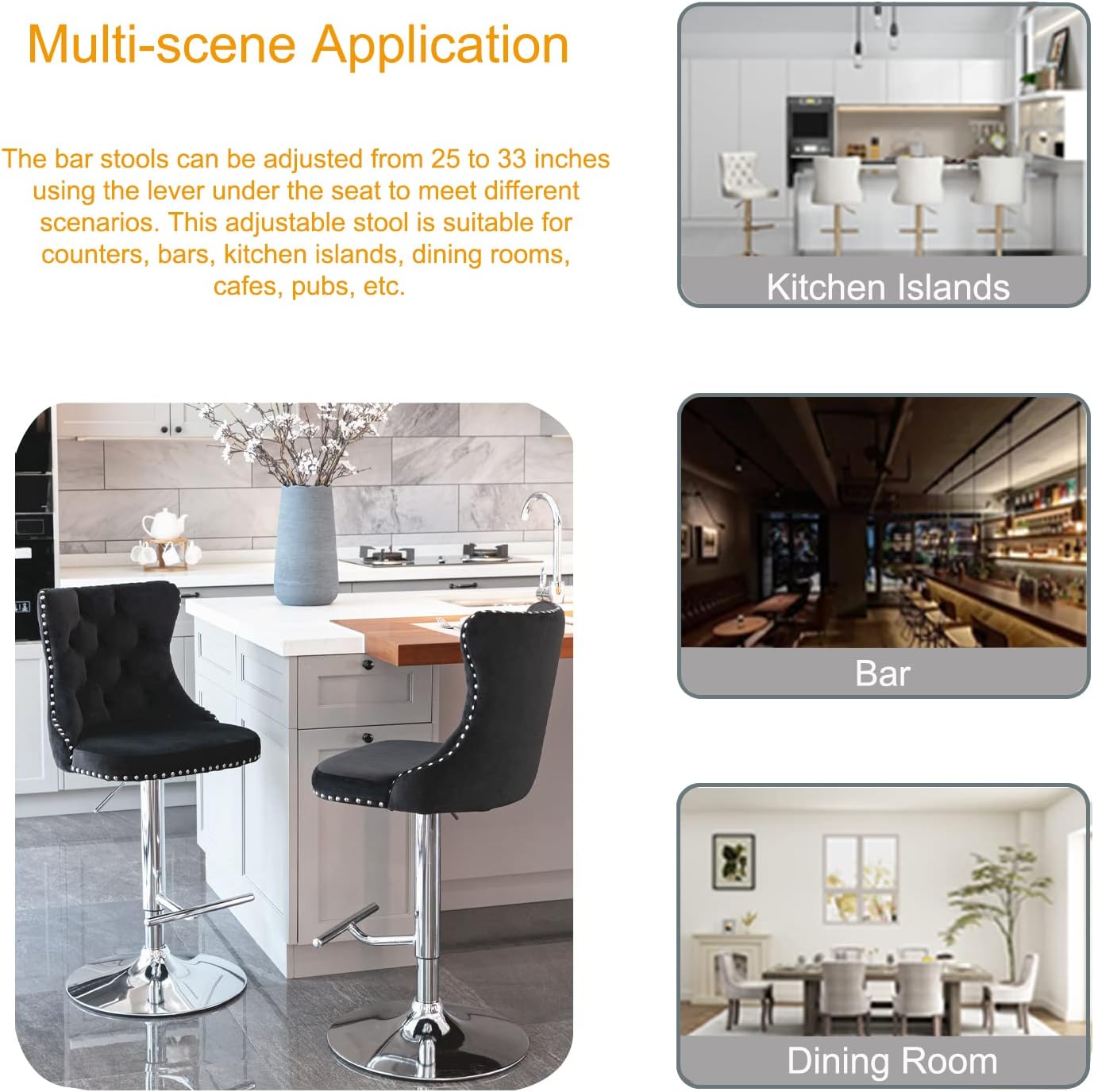 Swivel Bar Stools Set of 2, Adjustable Counter Height Bar Stools, Velvet Barstools with Back and Silver Footrest, Modern Upholstered Bar Chairs for Kitchen Island Home Bar Dining Room (Black)