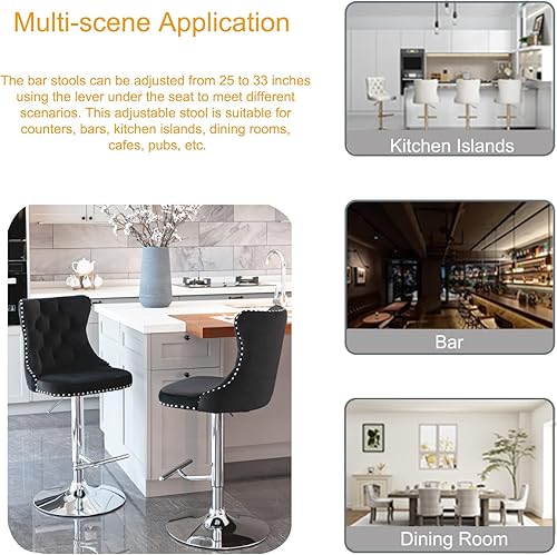 Miniatura 7 de Juego de 2 taburetes de bar giratorios de altura de mostrador, taburetes de bar de terciopelo con respaldo y reposapiés plateado, modernas sillas de