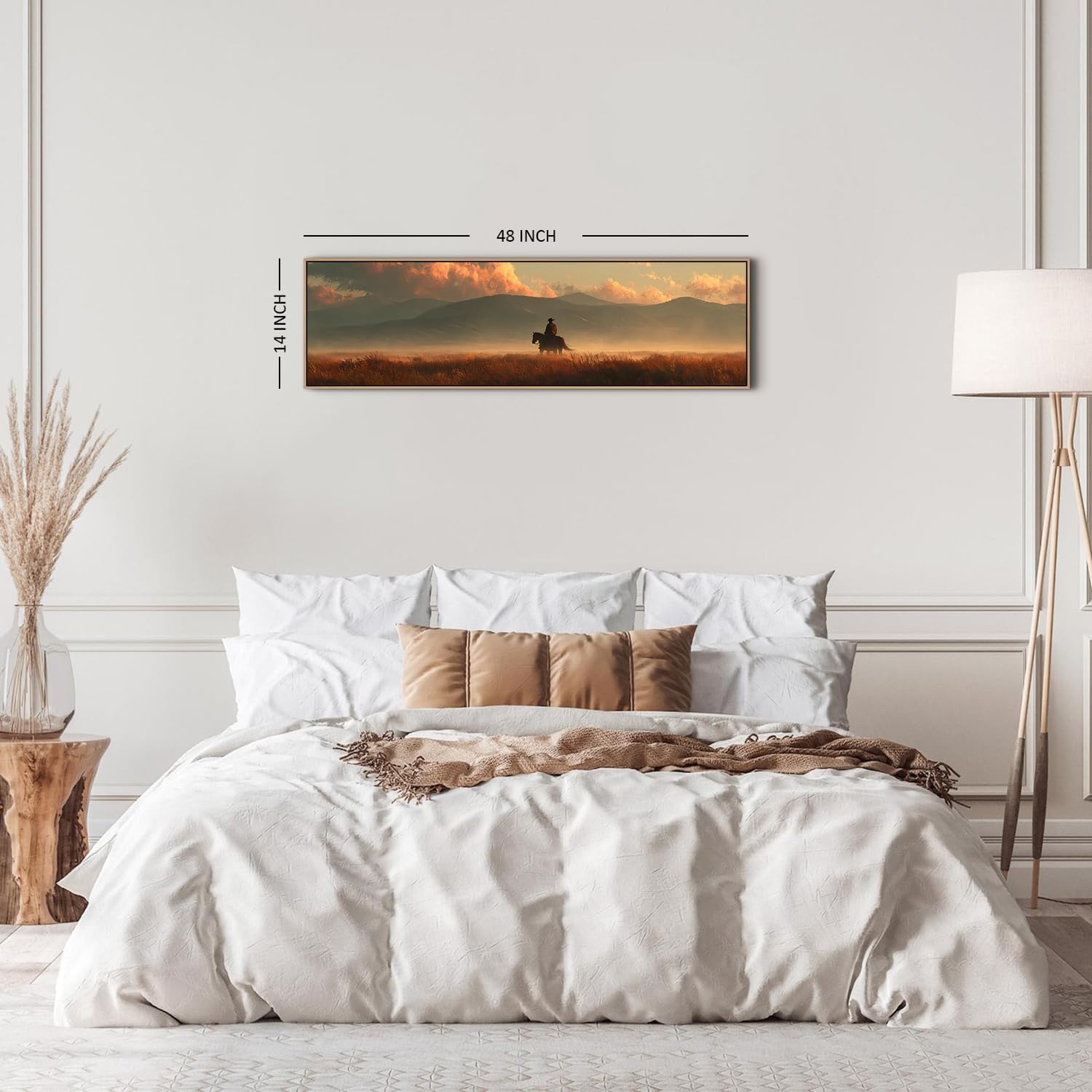 Cowboy Wall Art Western Wall Decor Nature Mountain Canvas Framed Picture Vintage Office Home Decor Sunset Forest Scenery Painting Countryside Riding Horse Poster Artwork Living Room Decorations 14x48”
