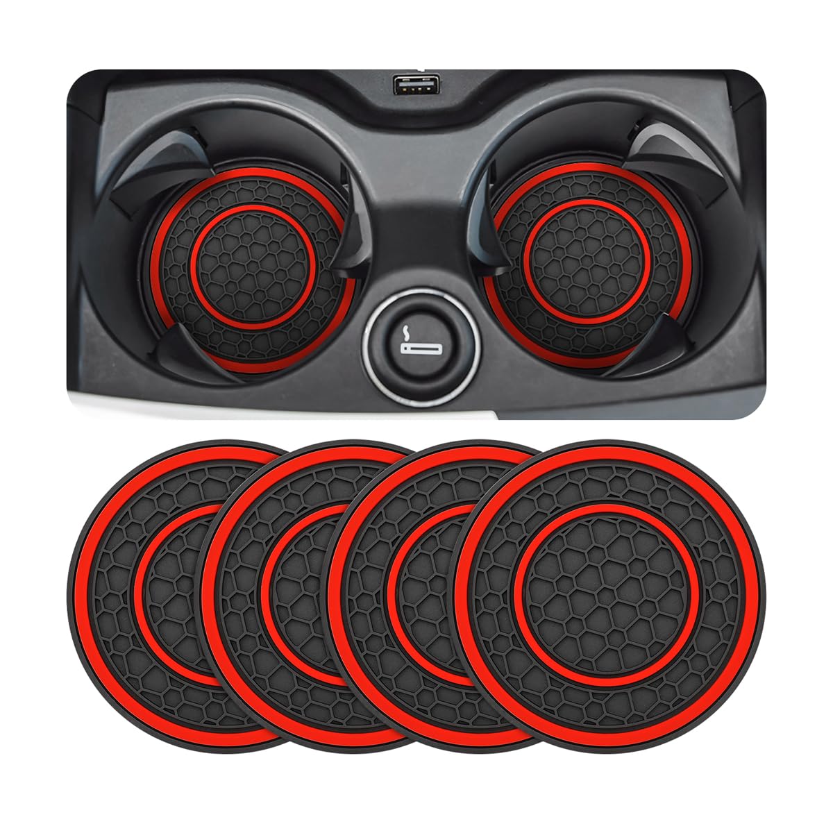 Osilly 4PCS 2.75 Inch Silicone Anti-Dust Cup Holder Coasters, Black/Red