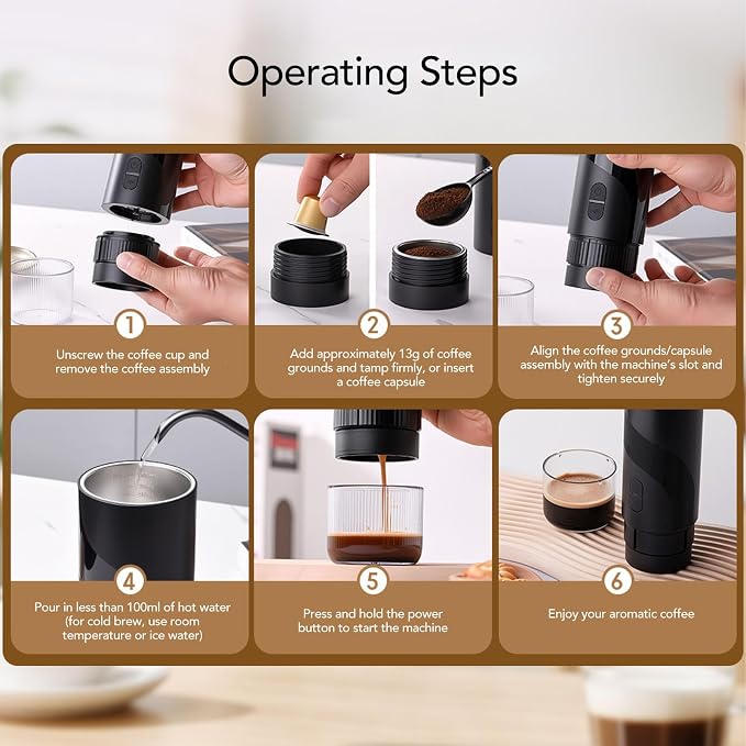 Cafetera Portátil de Alta Presión 20 Bar con Batería Recargable para 2 Tazas miniatura 4