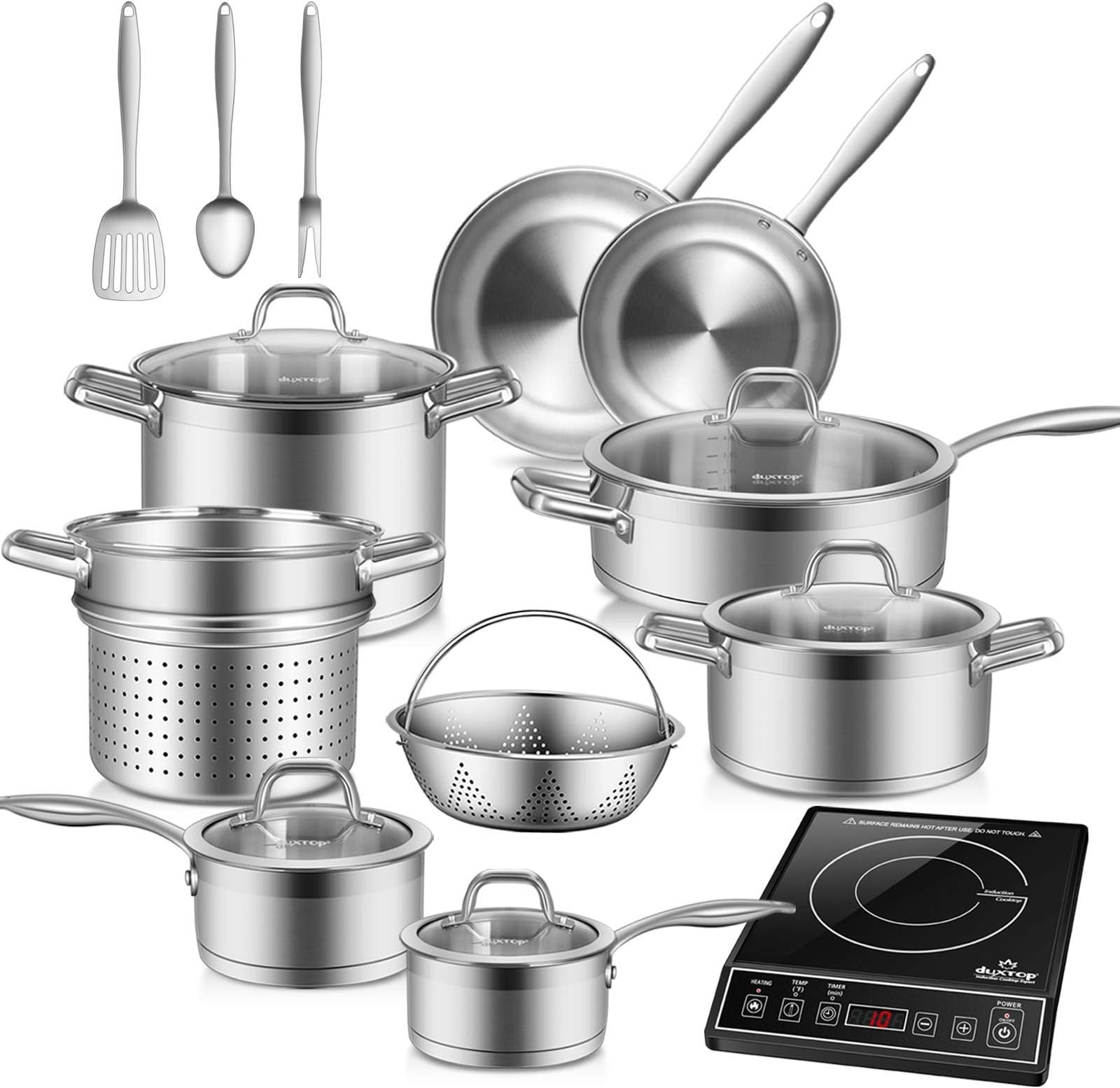 duxtopBundle 9100MC 1800W Portable Induction Cooktop, Induction Burner with 17PC Professional Stainless Steel Induction Cookware Set, Impact-bonded Technology