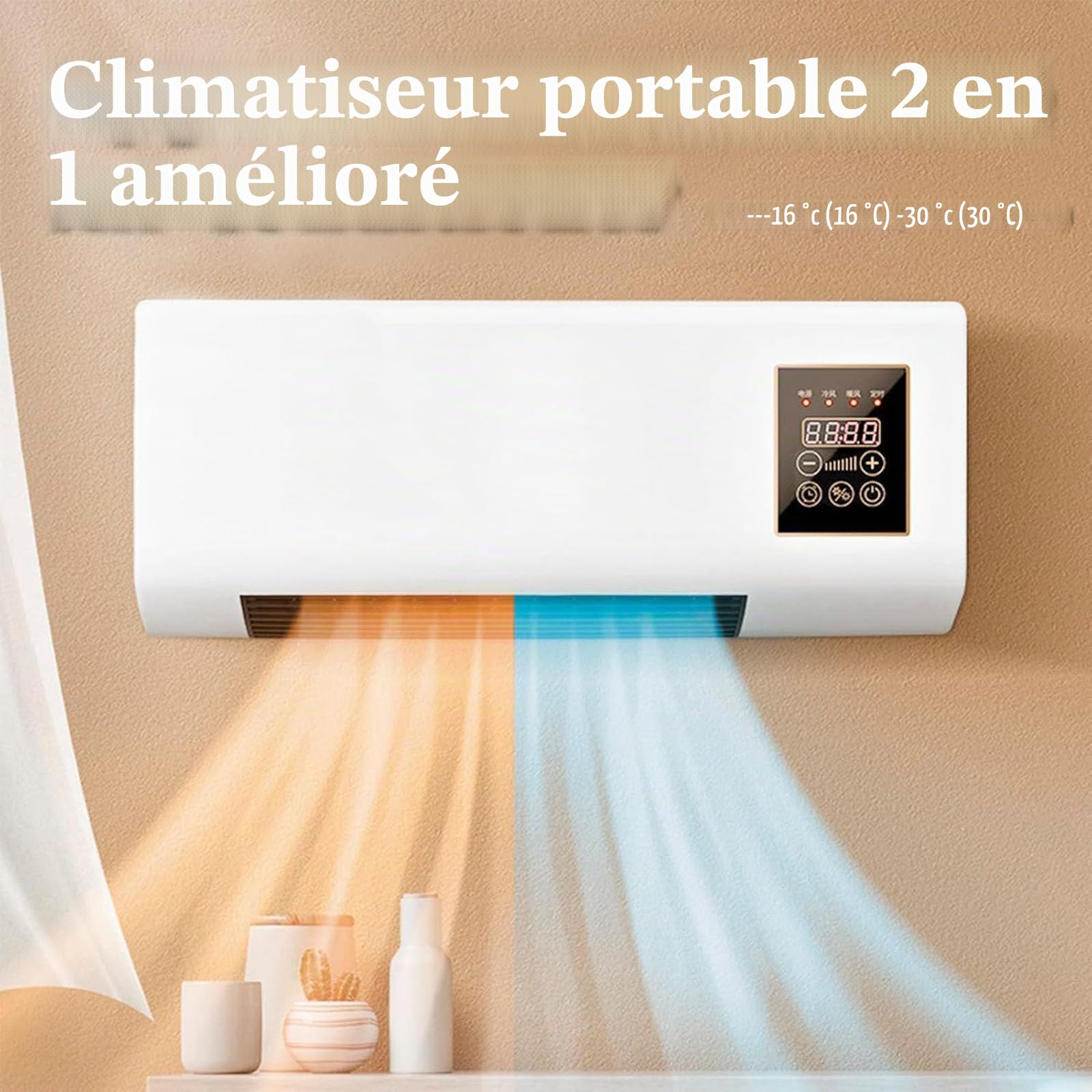 Climatiseur sans conduits, unité murale 2 en 1 chaleur et froid, super silencieux avec télécommande, installation facile pour la maison et le bureau