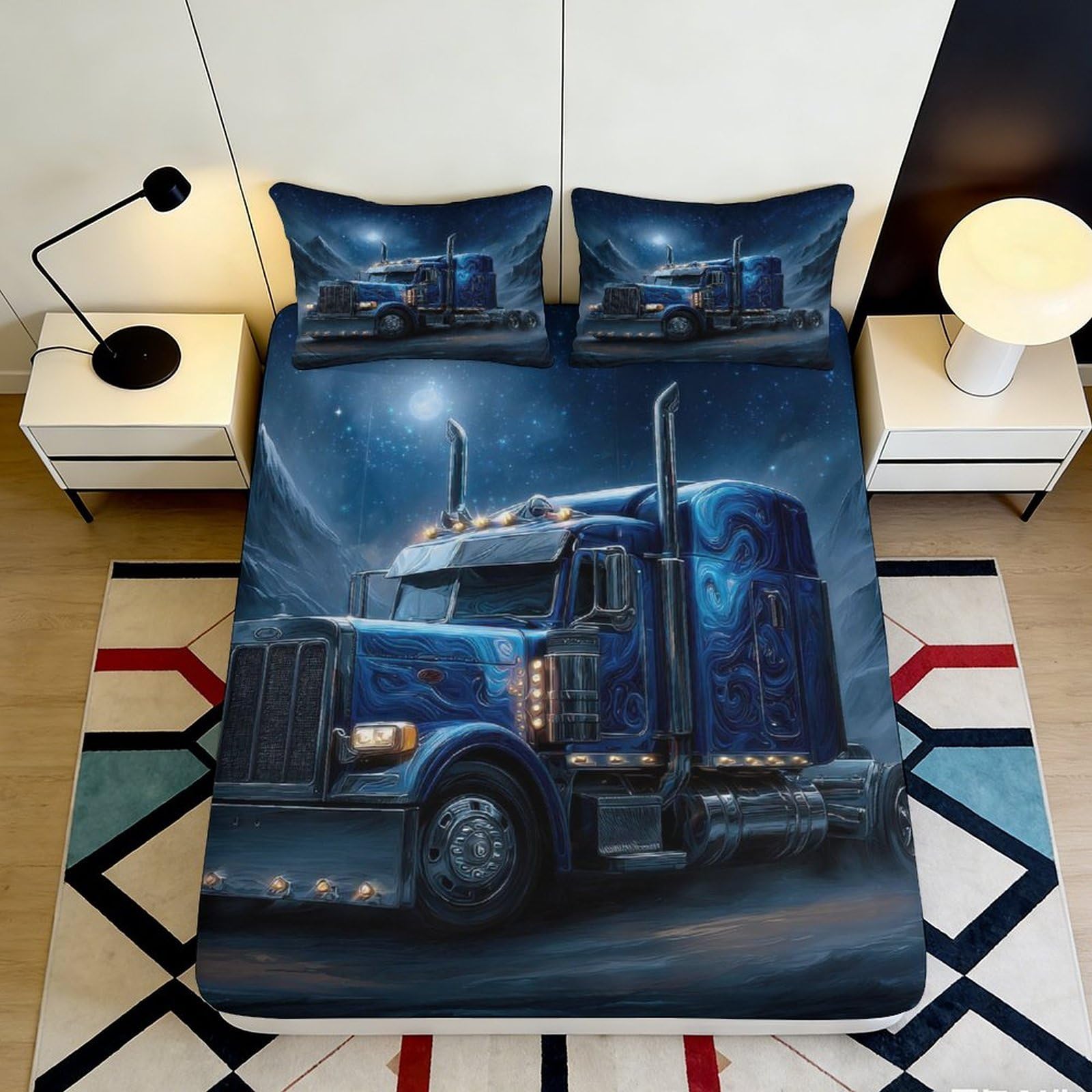 Decorative blue truck Fitted Sheet, Microfiber soft touch, 3D Printed Bed Cover for home or guest room, wrinkle resistant, apartment bedding, easy care, 140x200x25cm