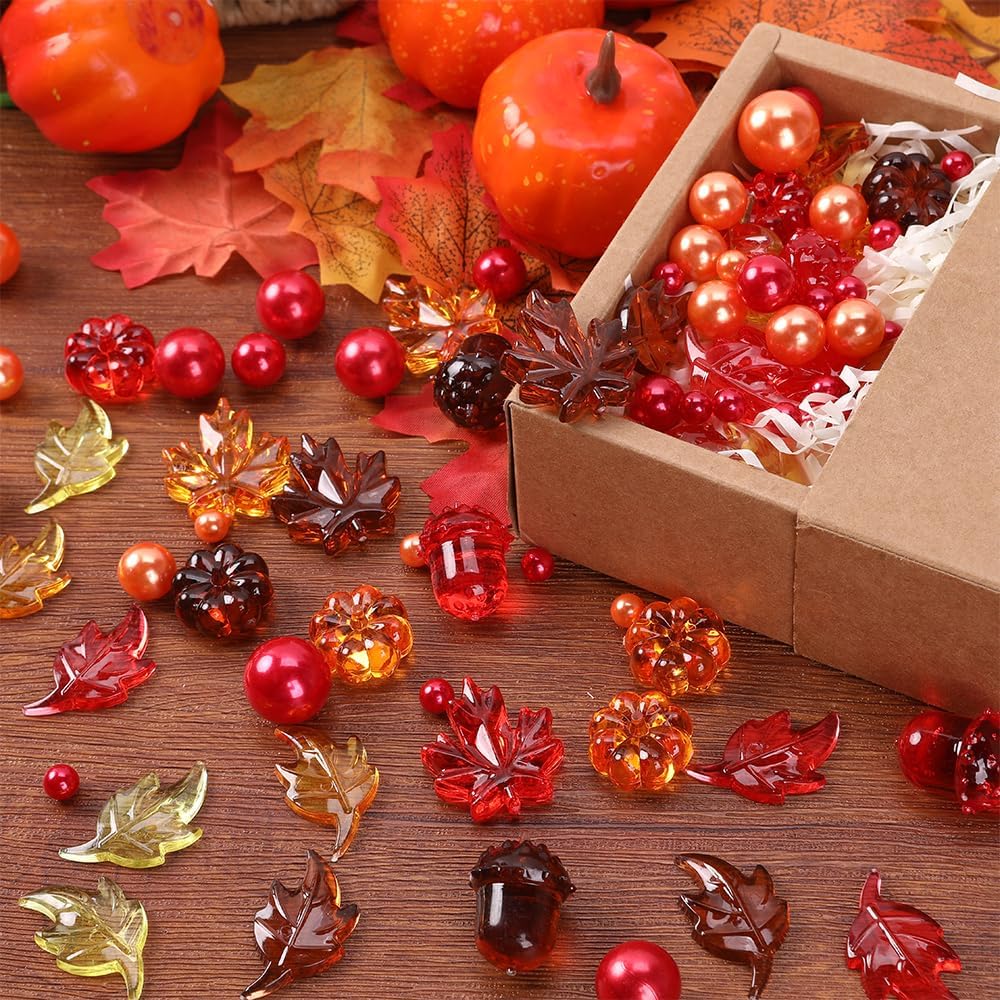 Fall Vase Filler for Thanksgiving Decorations 130 Pcs Acrylic Pumpkin Leaves Maple Leaves Acorn Pearls Beads Vases for Centerpiece, Thanksgiving Table Decorations Vase Fillers for Centerpieces