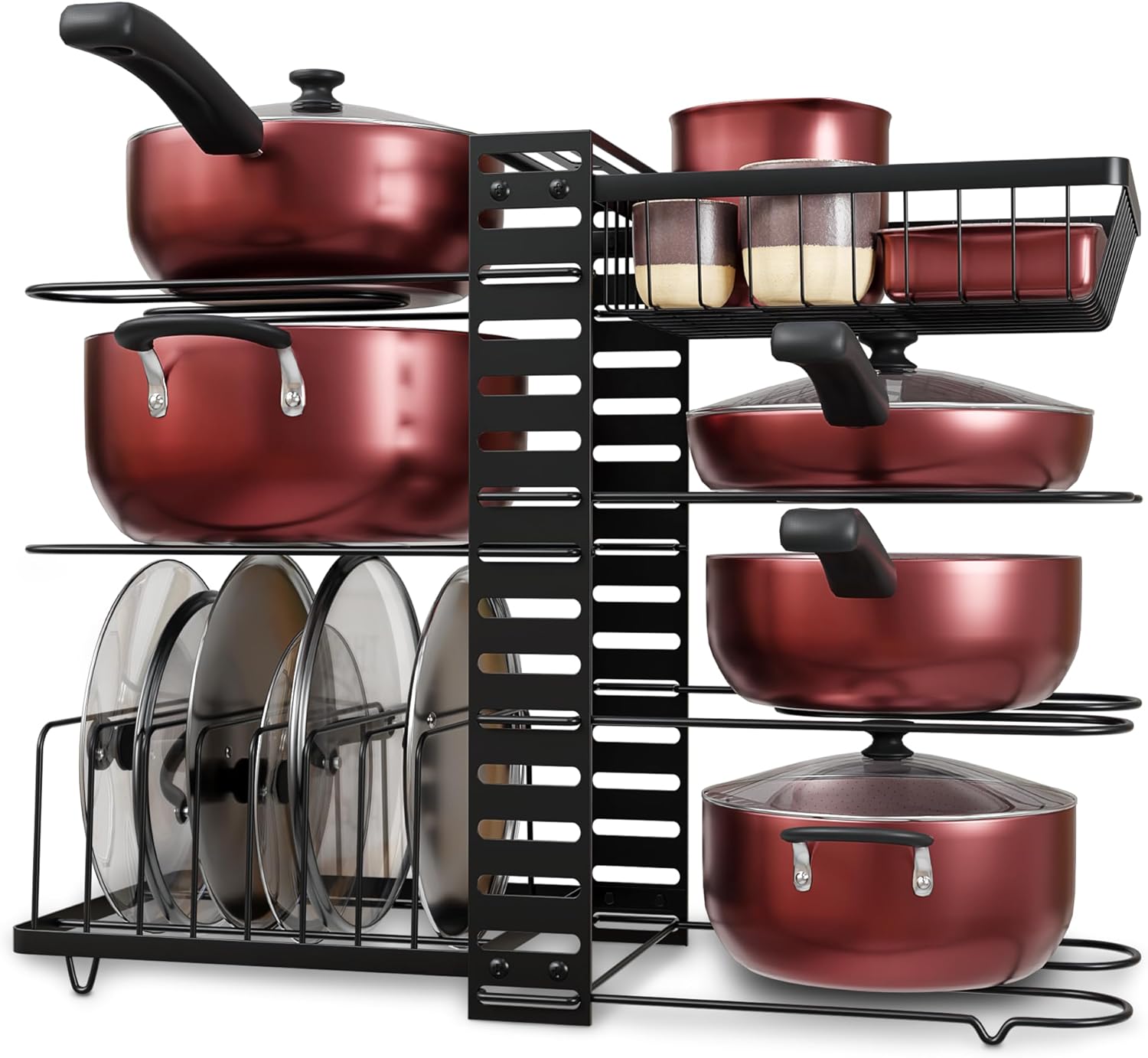 7-Tier Pots and Pans Organizer Under Cabinet - Cooking Pot Lid Organizer for Cabinet with Basket for Utensils, Lid Rack - Adjustable Vertical Holder Cookware Storage, Steel Pot Rack for Kitchen