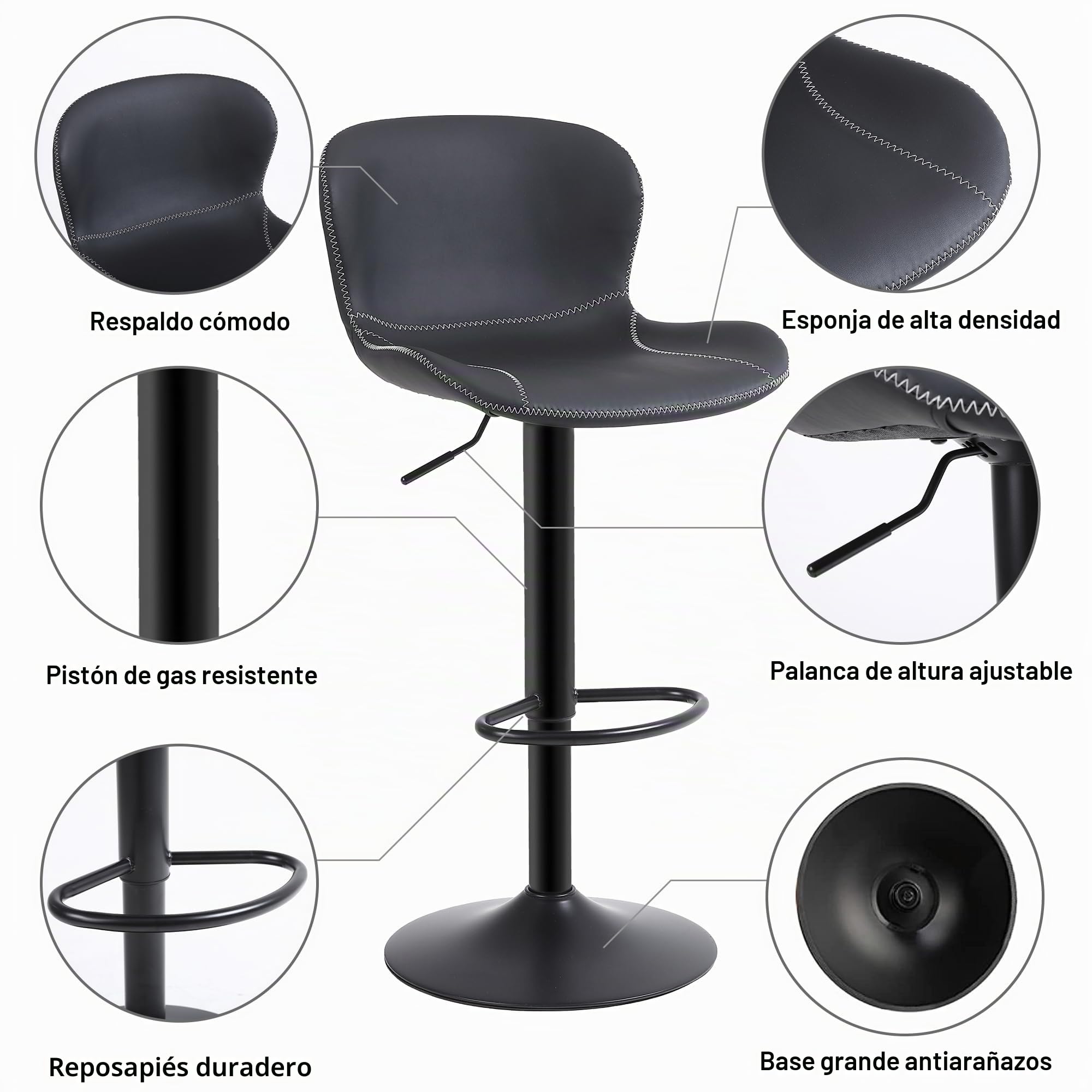 Youhauchair Taburetes Altos de Cocina Juego de 2, Taburete de Bar Regulable en Altura en Cuero PU, Taburete Alto con Respaldo y Reposapiés, Taburete Cocina Giratorio, Moderno, Negro