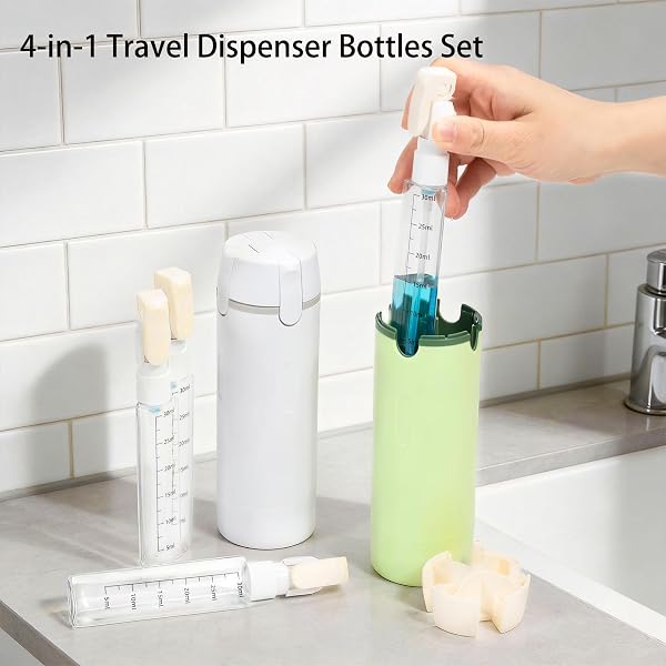 Set de botellas dispensadoras de viaje 4 en 1: botellas exprimibles rellenables a prueba de fugas para artículos de tocador - contenedores de viaje portátiles para champú, loción, acondicionador y - 2