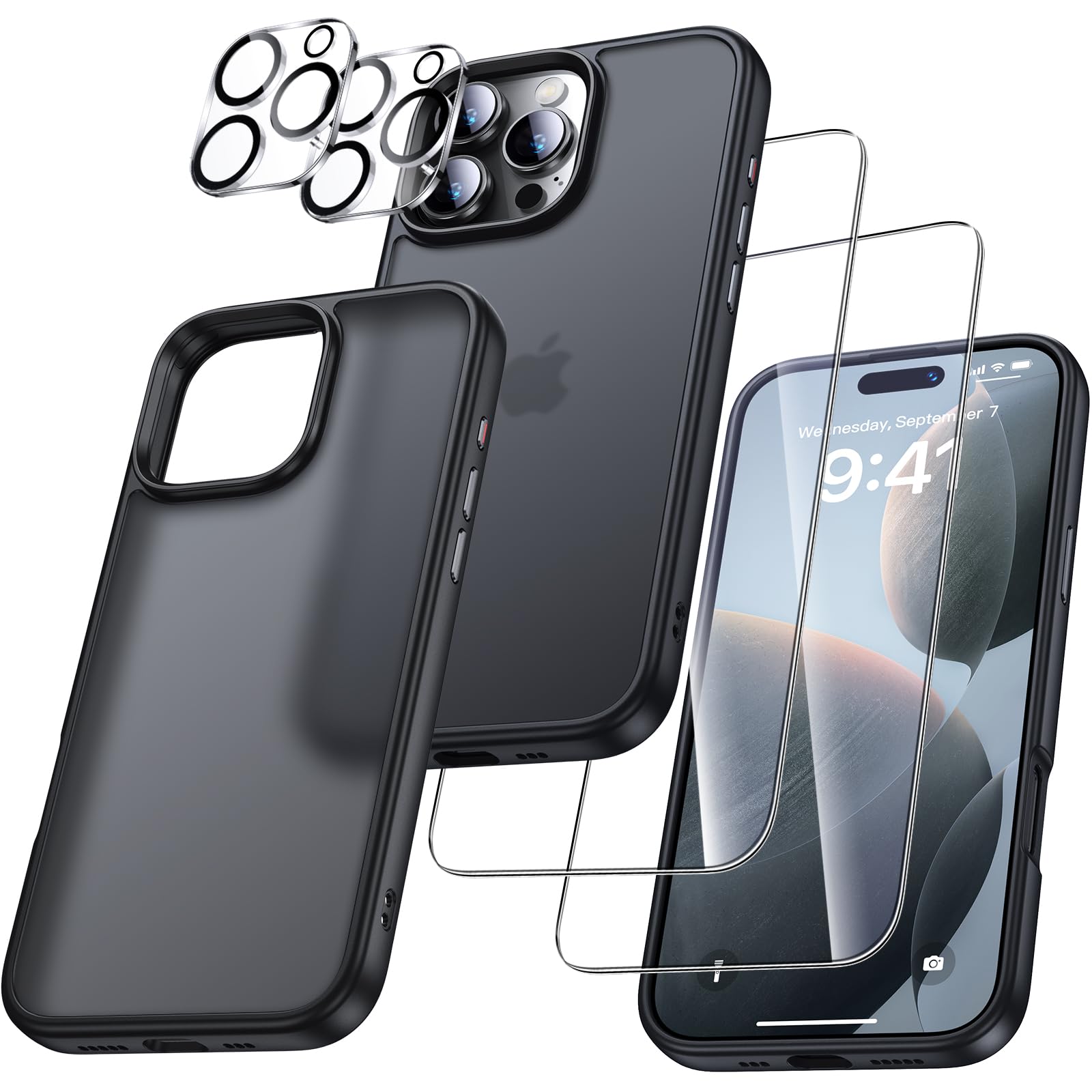 UniqueMe für iPhone 16 Pro Hülle, 5-in-1-Set Handyhülle für iPhone 16 Pro Case Rundumschutz Schutzhülle Cover,1 Handyhülle & 2 Schutzfolie & 2 Kameraschutz -Matt Schwarz