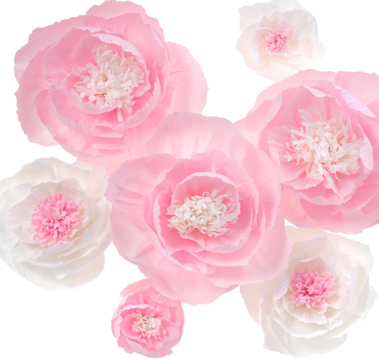 Paper Flower Decorations for Wall, Large Crepe Paper Flowers, Handcrafted Flowers for Wedding Backdrop, Baby Nursery Decor, Home Decor, Baby Showers,Nursery Wall Decor (Pink&White, 7pcs)