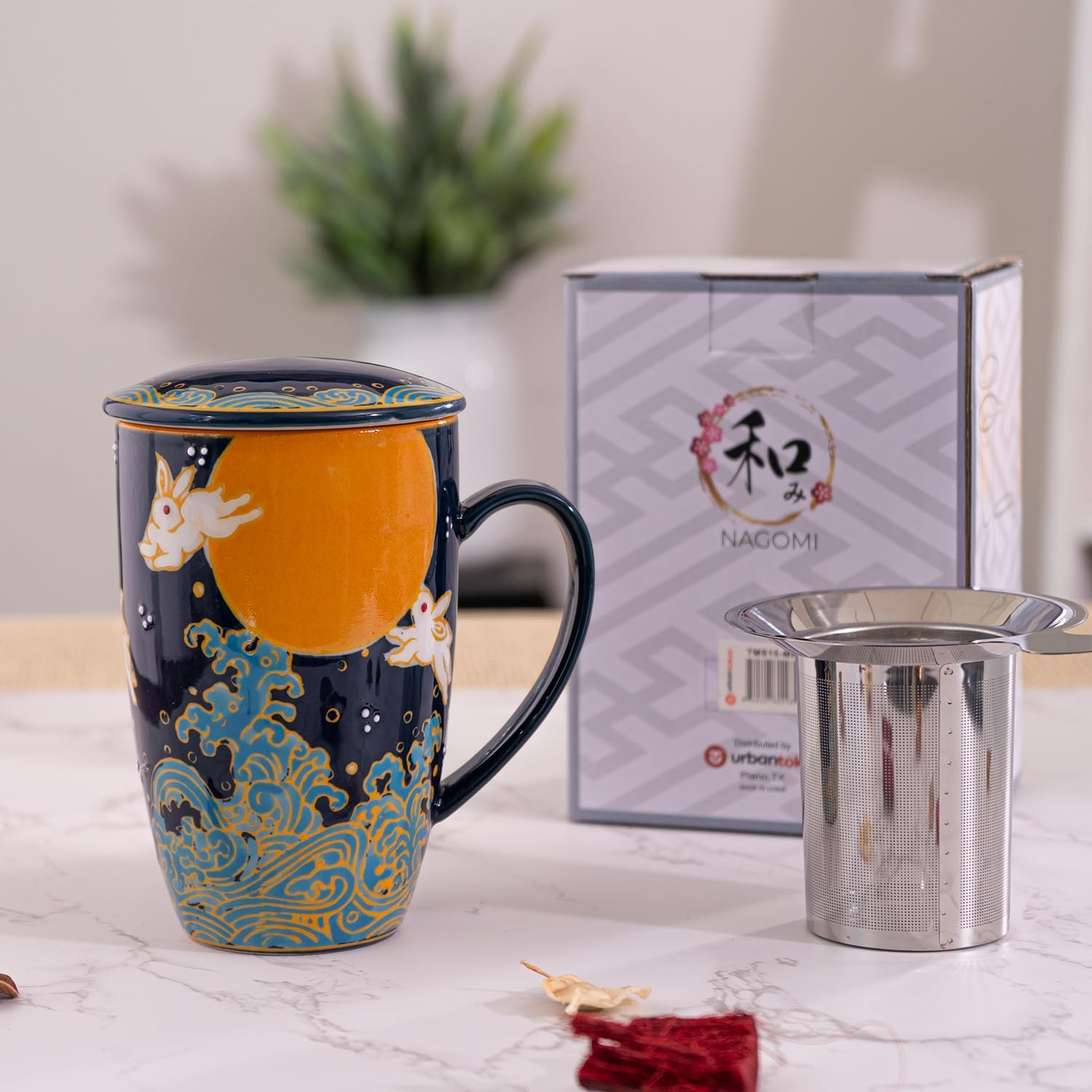 Urban Tokyo Tea Mug With Lid and Stainless Steel Infuser For Loose Leaf Tea Bag Tea Cup 15oz Porcelain Hot Beverage Everyday Use Home Office (Moon Rabbit)
