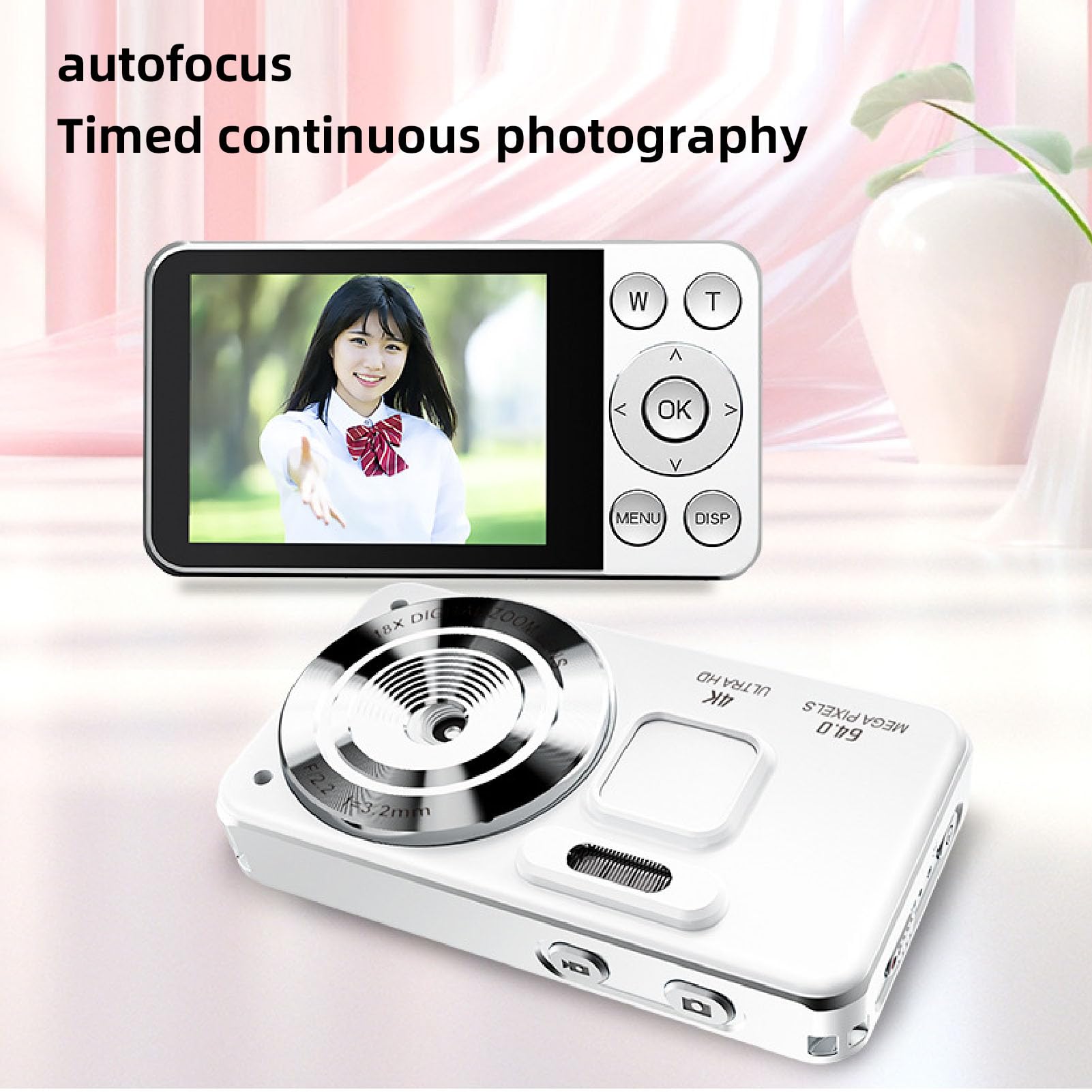 Cyfrowy Aparat Fotograficzny, 6400 W 4K Student Selfie Video Cyfrowa Kamera HD z 18-krotnym Zoomem i funkcją zapobiegającą Drganiom, Automatyczne Ustawianie Ostrości, dla (WHITE)