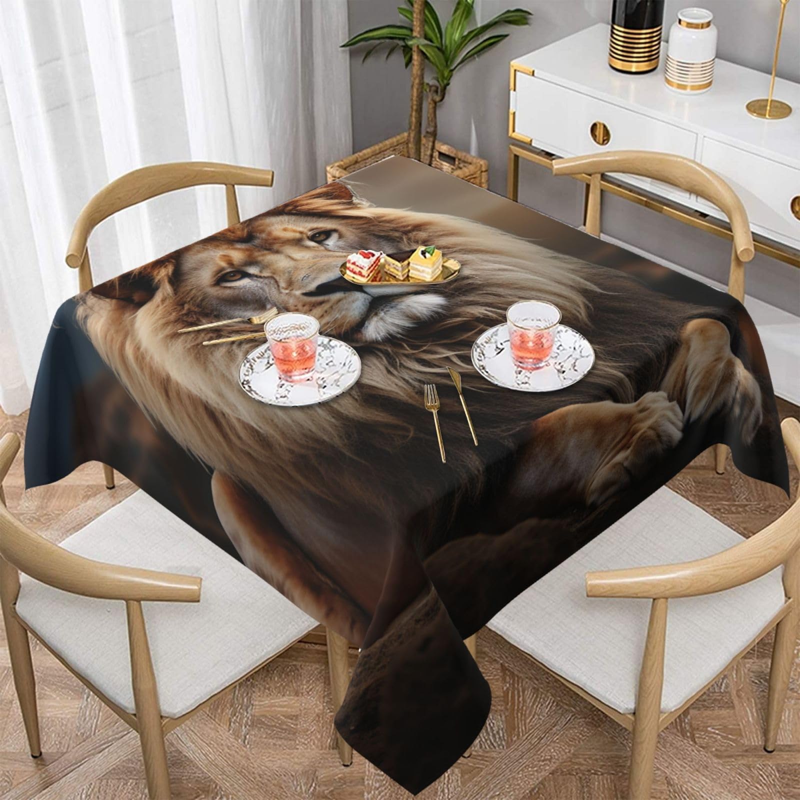 Nappe carrée créative motif lion en tissu infroissable haut de gamme 152 cm