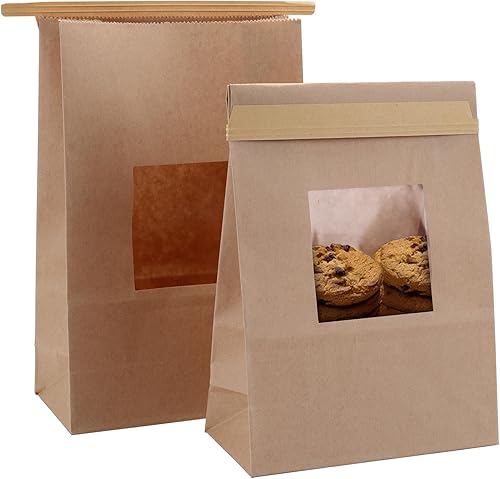 Yopay Paquete de 100 bolsas de papel kraft para panadería con ventana, bloqueo de lengüeta de estaño, 5.9 x 2.8 x 9.2 pulgadas para galletas,