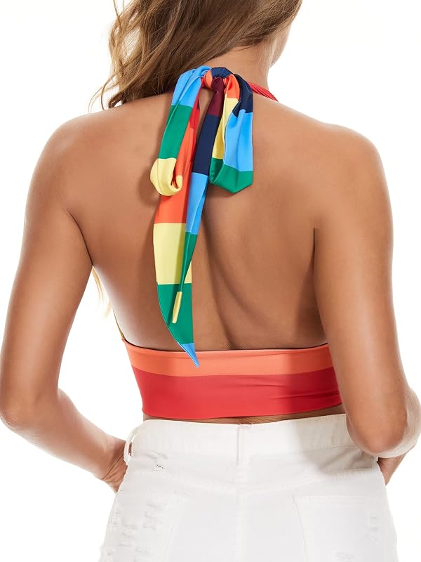 Ovokcina Women's Rainbow Stripe Sleeveless Halter Ribbed Tank Backless Pride Crop Top Colorful Shirts 70s Tops M by Ovokcina - Used condition - Image 11