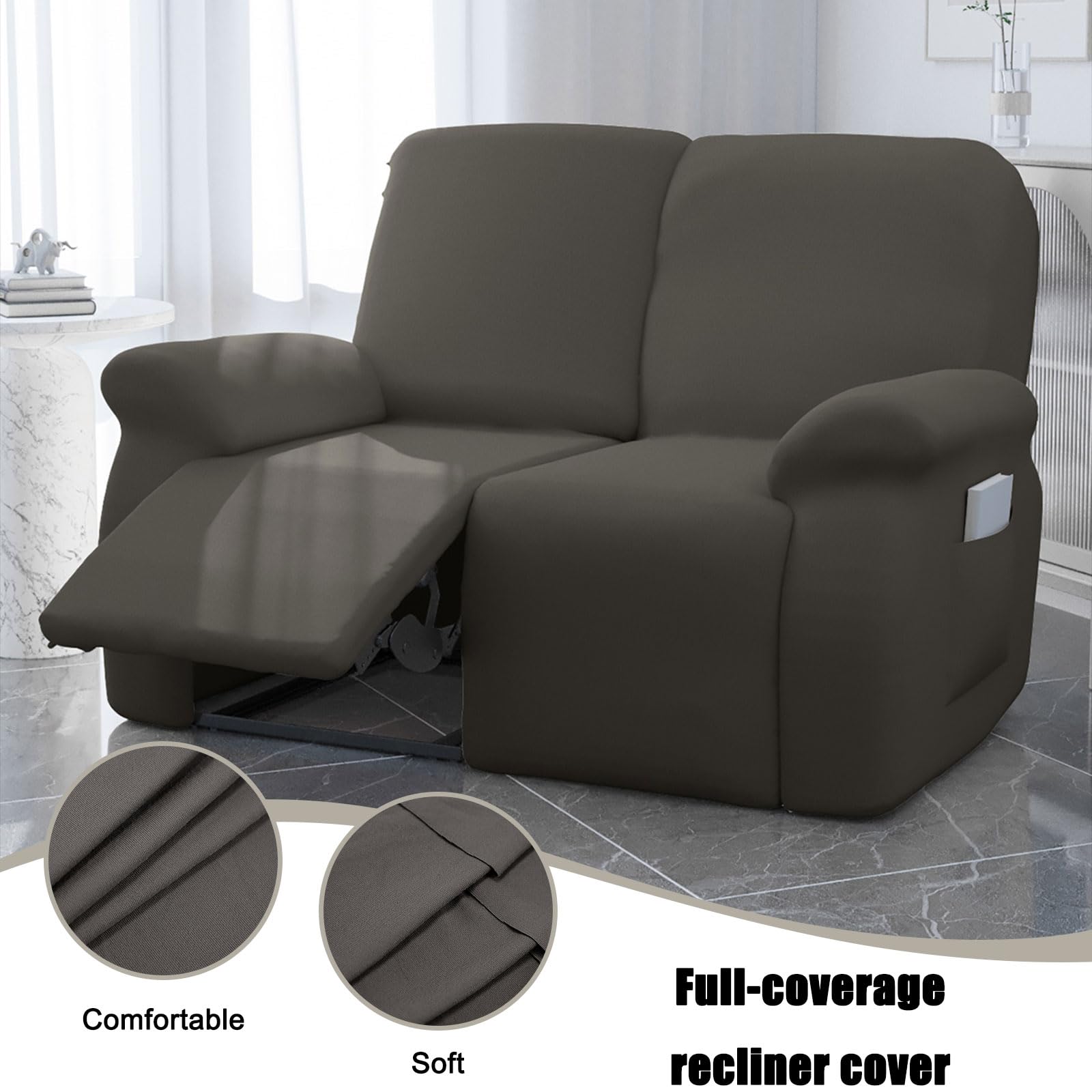 Funda Sillón Relax Reclinable Elástica, Funda Reclinable 4 Piezas con Bolsillos Laterales, Fundas Sillon Relax 1 Plaza,Beige,2 Seater