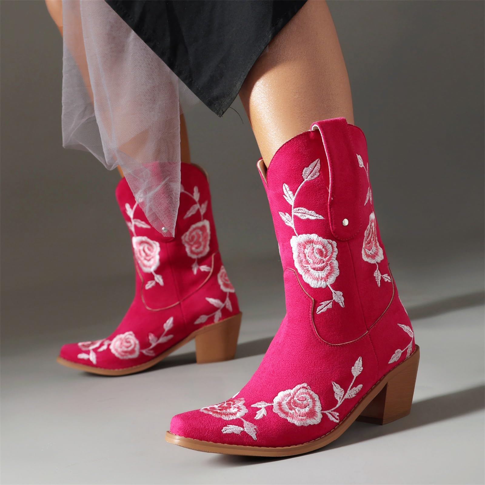 MEECHI Stivali Corti con Ricami Floreali Boots da Cowboy Western da Donna Stivaletti retrò con Tacco A Blocco Scarpe alla Caviglia con Punta Quadrata for Feste, Country, Concerti