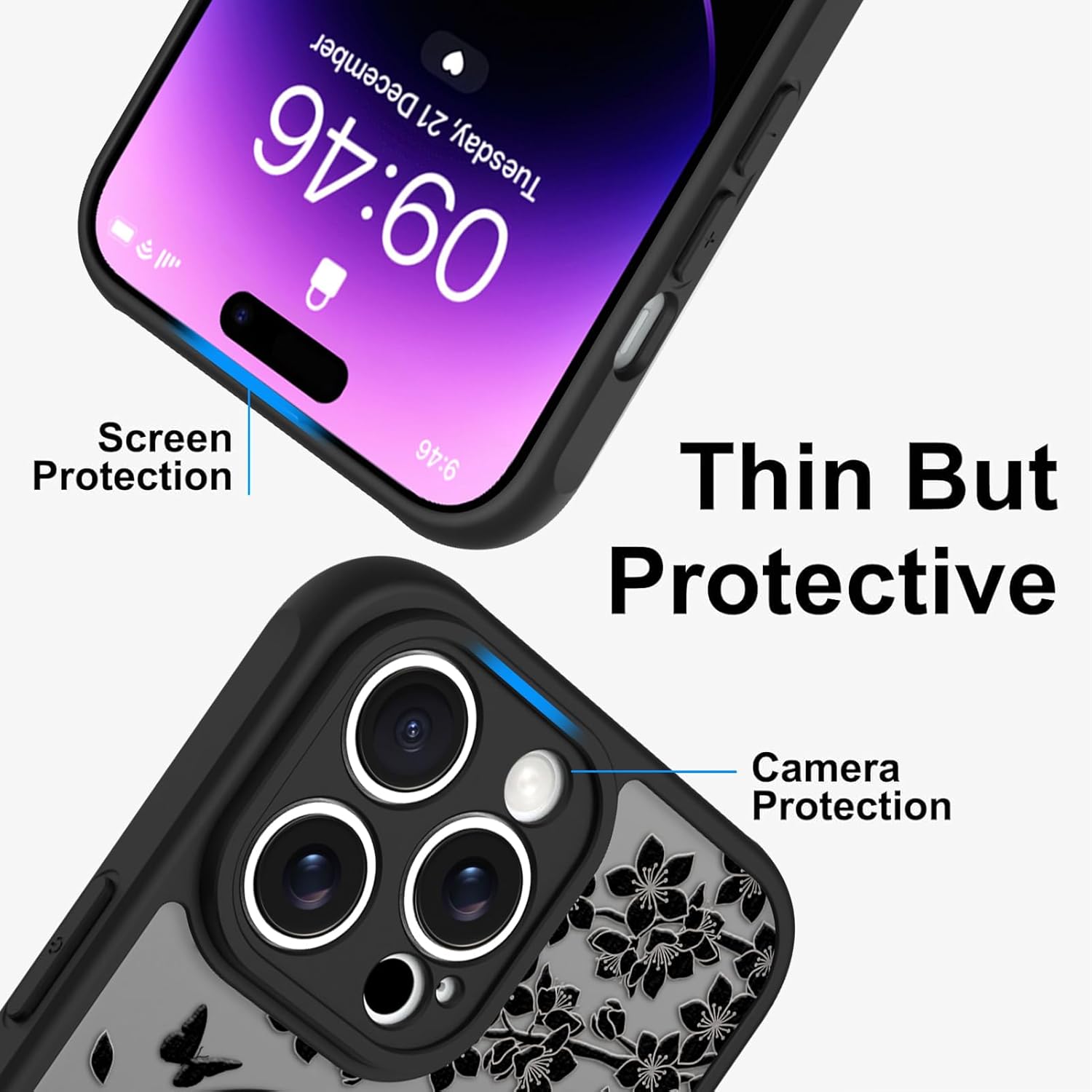 Cute Case for iPhone 14 Pro Case with Stand [ Compatible with MagSafe ] Kawaii Black Cat & Floral & Butterflies Pattern Design 360 Magnetic Ring Kickstand Phone Cover for Women Girls Boys - Image 5