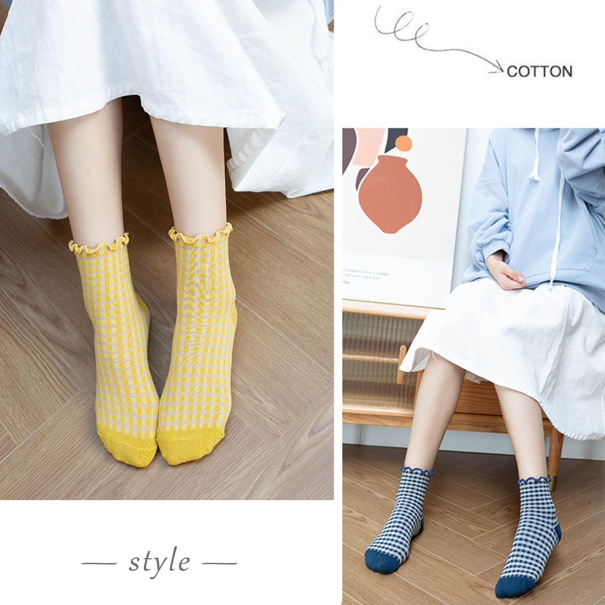 Women Cute Ruffle Socks Cotton Casual Athletic Frilly Ankle Sock Checkered/Plaid - Image 3