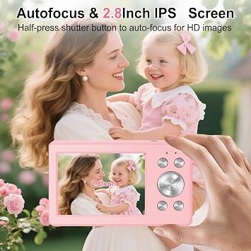 Digital Camera 56MP 1080P FHD Photo Camera with Auto Focus 16X Digital Zoom Camera Portable Compact Camera 2.8 Inch LCD Screen 32GB SD Card & 2 Batteries for Teenagers Beginners (Pink-2)