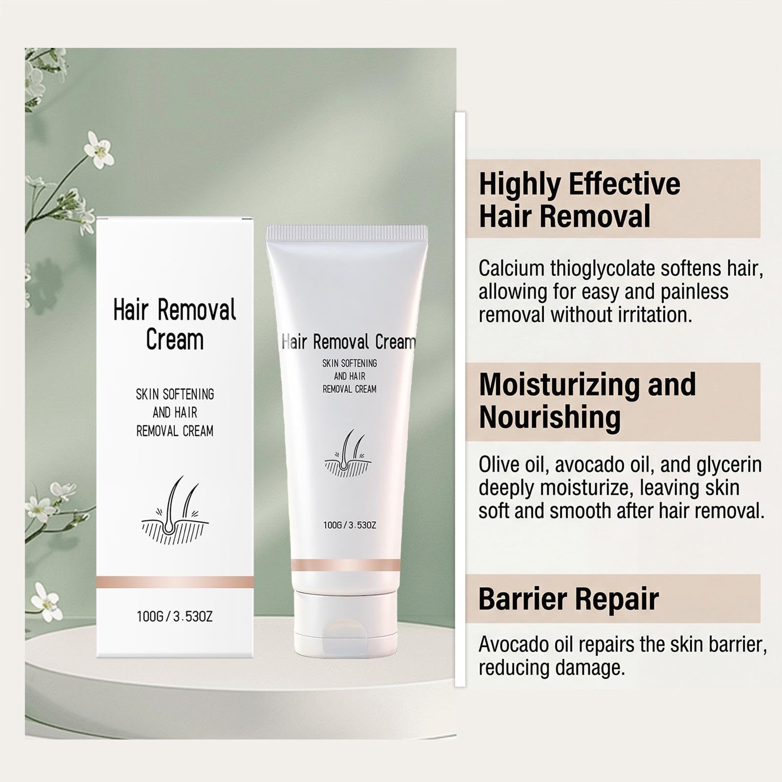 Hair Removal Cream - Gentle Nourishing Depilatory, Hydrating Skin Smoothing Lotion with Natural Soothing Extracts, Quick Action Formula, Ideal for Sensitive Skin Daily Care