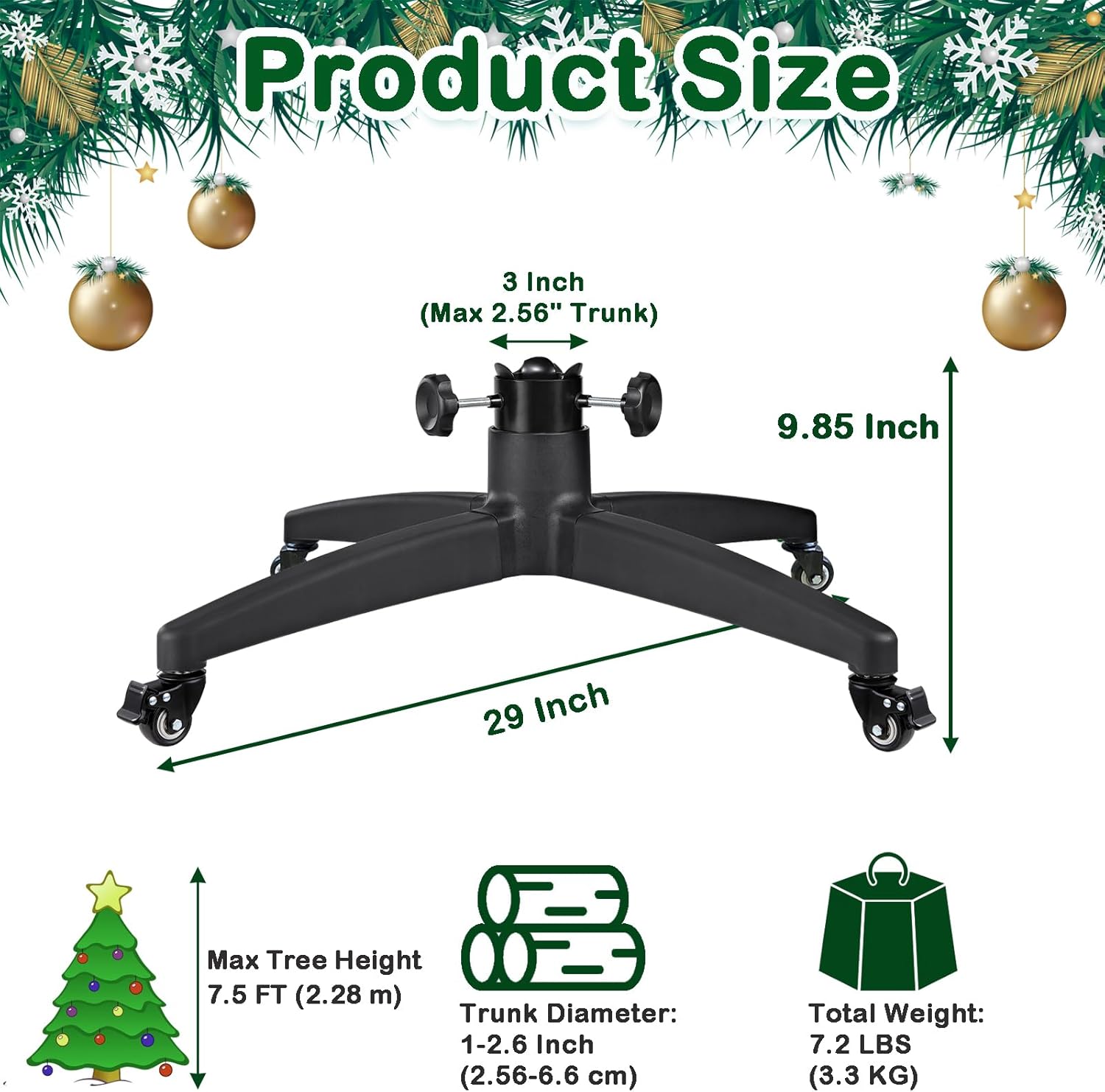 Christmas Tree Stands for 7.5 FT Artificial Trees Rolling Wheels Movable Universal Xmas Tree Holder Base Fits Up 7.5 Foot Fake Tree 1-2.56 Inch Pole (Stand Diameter 29 Inch)
