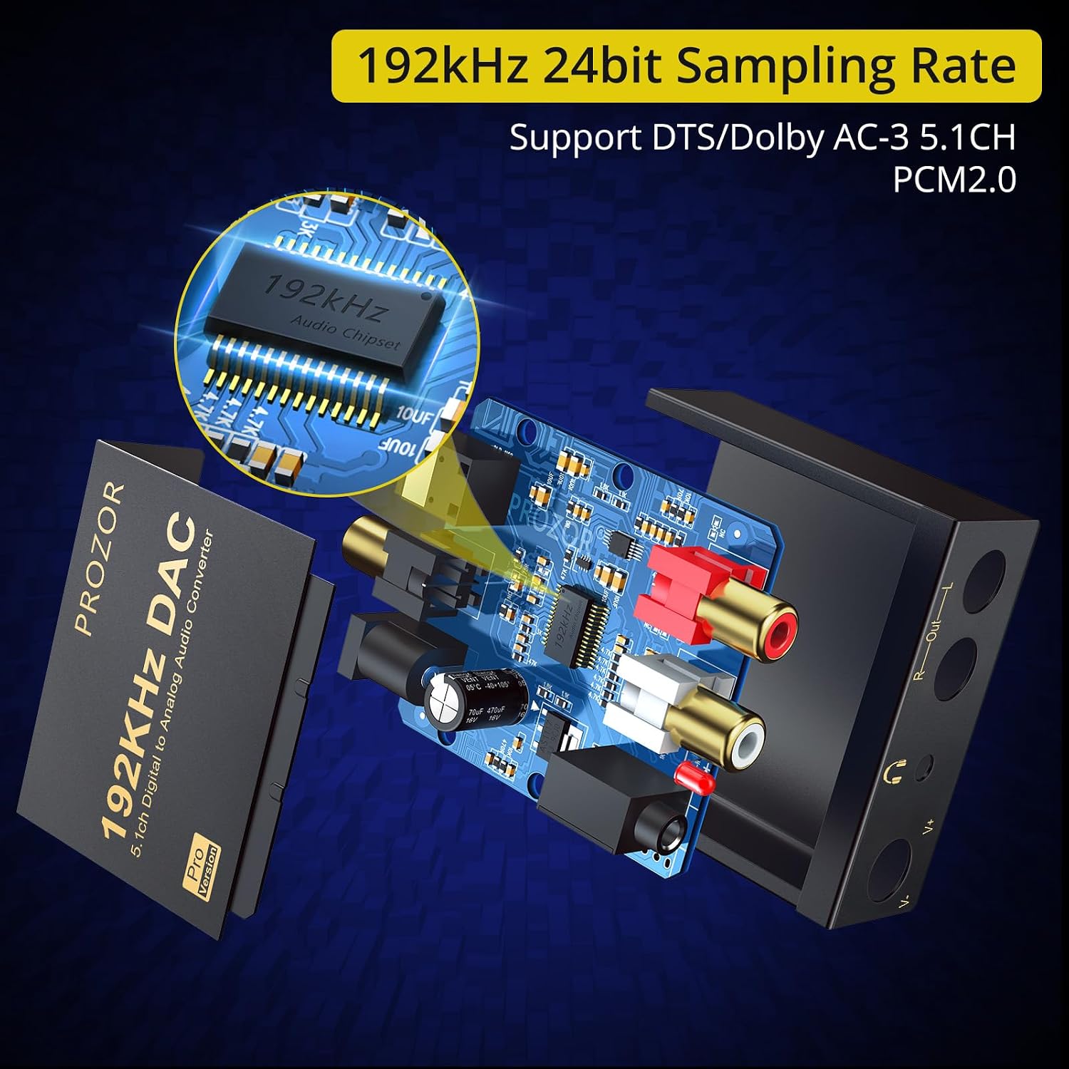 PROZOR 192kHz Digital to Analog Audio Converter Support Dolby AC-3 DTS 5.1CH with Volume Adjustable, Optical to RCA DAC Decoder, Digital DAC Converter SPDIF TOSLINK to Stereo L/R & 3.5mm Jack