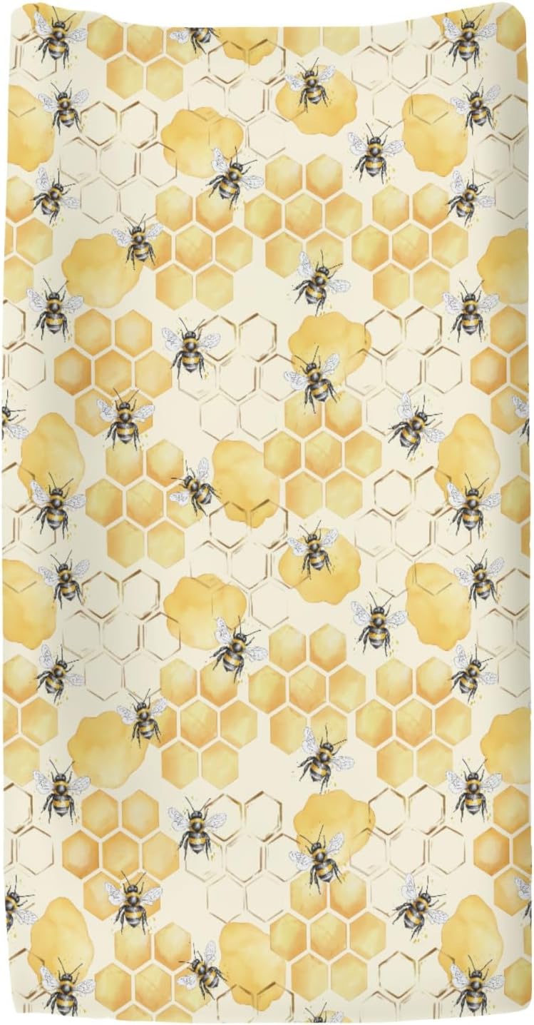 Vintage Honeycomb Bees Baby Changing Pad Covers for Boys Girls Yellow Bee Honey Fitted Change Table Pad Covers Mats Boho Spring Summer Soft Diaper Changing Table Sheets for 32''×16'' Contoured Pad
