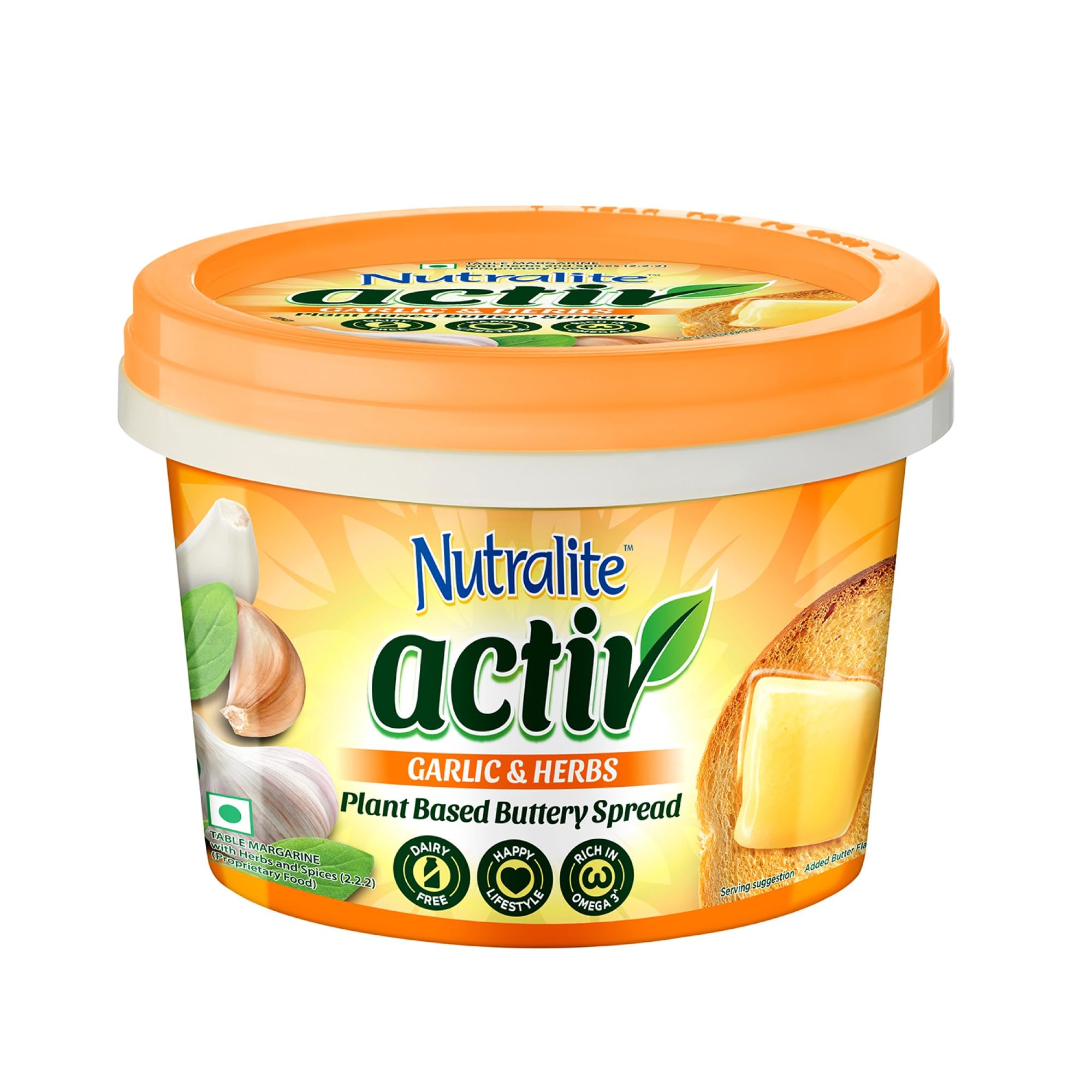 Nutralite Activ Plant Based Spread - Garlic & Herbs - 200 g Tub | Dairy-Free | Rich in Omega 3