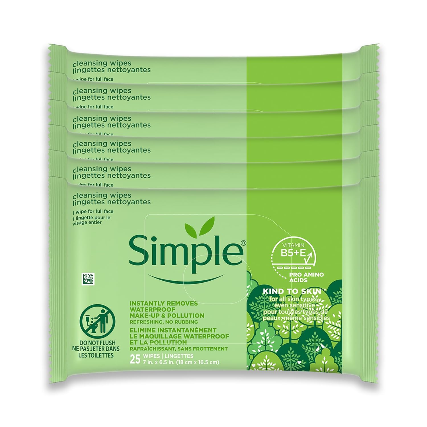 Simple Kind To Skin Cleansing Makeup Remover Wipes - Vegan Facial Cleanser Wipes with Vitamin B5 and E - Removes Waterproof Makeup - 6 pc