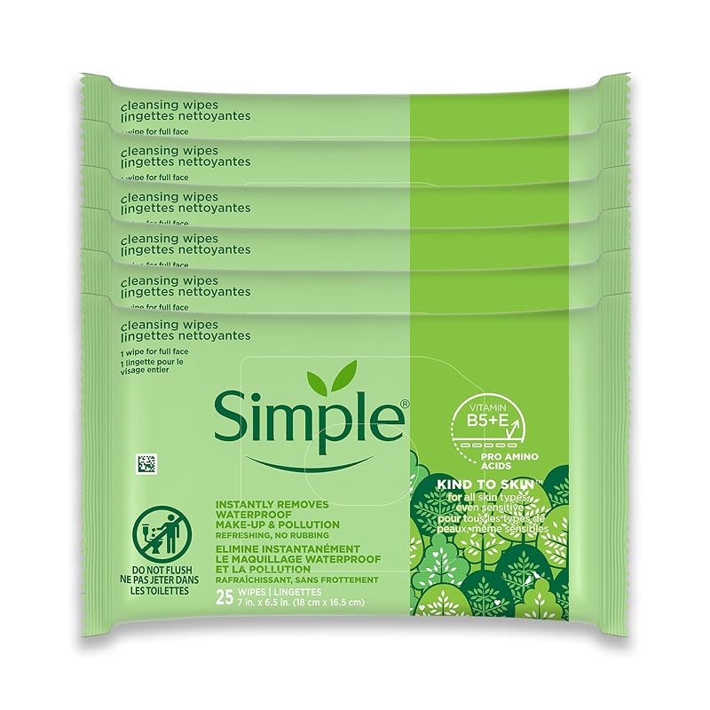 Lenços demaquilantes faciais Simple Kind To Skin com vitamina B5 e E — Pacote com 6