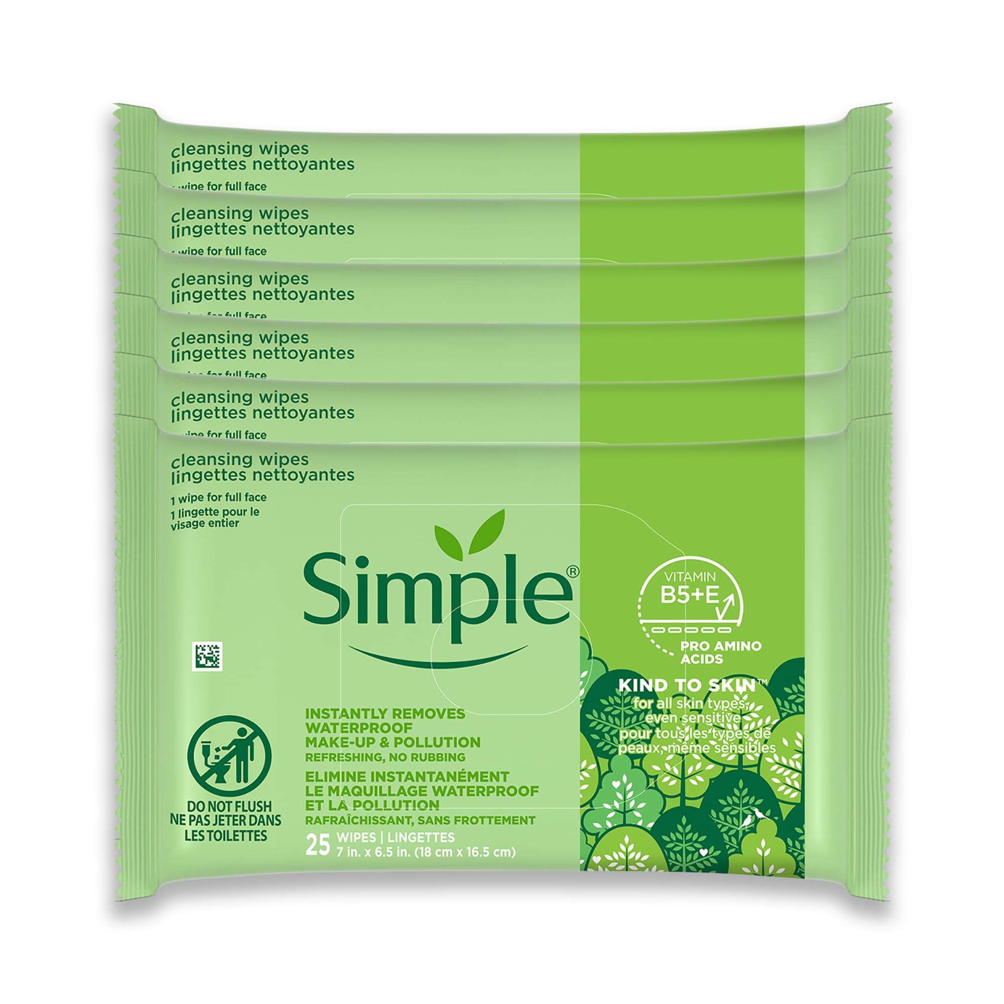 Simple Kind To Skin Cleansing Makeup Remover Wipes - Vegan Facial Cleanser Wipes with Vitamin B5 and E - Removes Waterproof Makeup - 6 pc