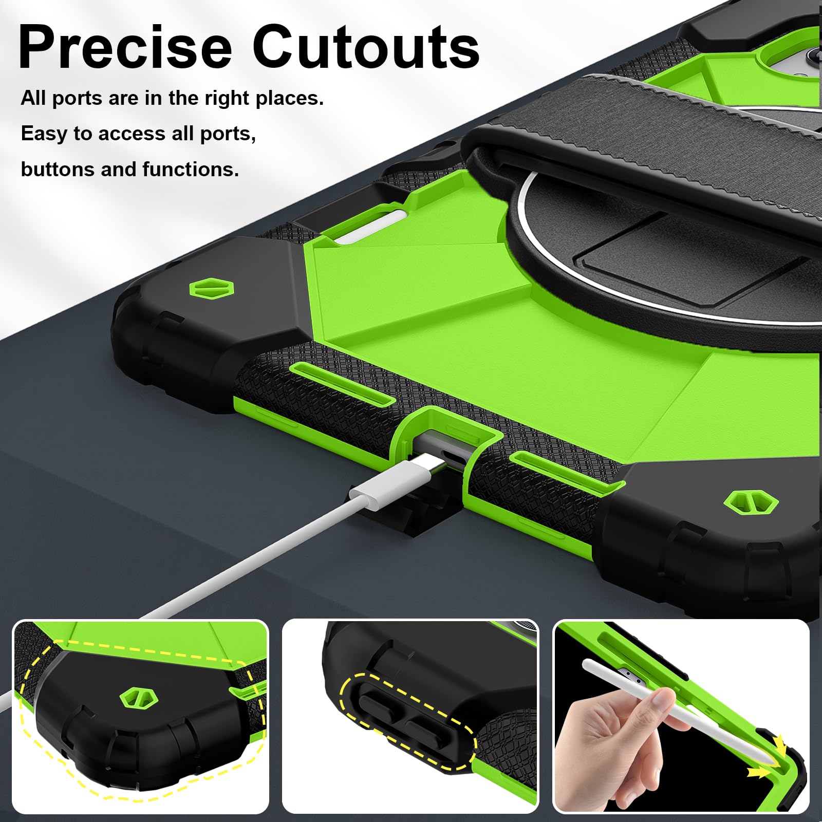 Custodia protettiva per tablet Lenovo Idea Tab Pro Gen 2 (TB390) da 13 pollici, antiurto, con supporto e portamatite, custodia ibrida con tracolla e cinghie da polso (nero + giallo verde)