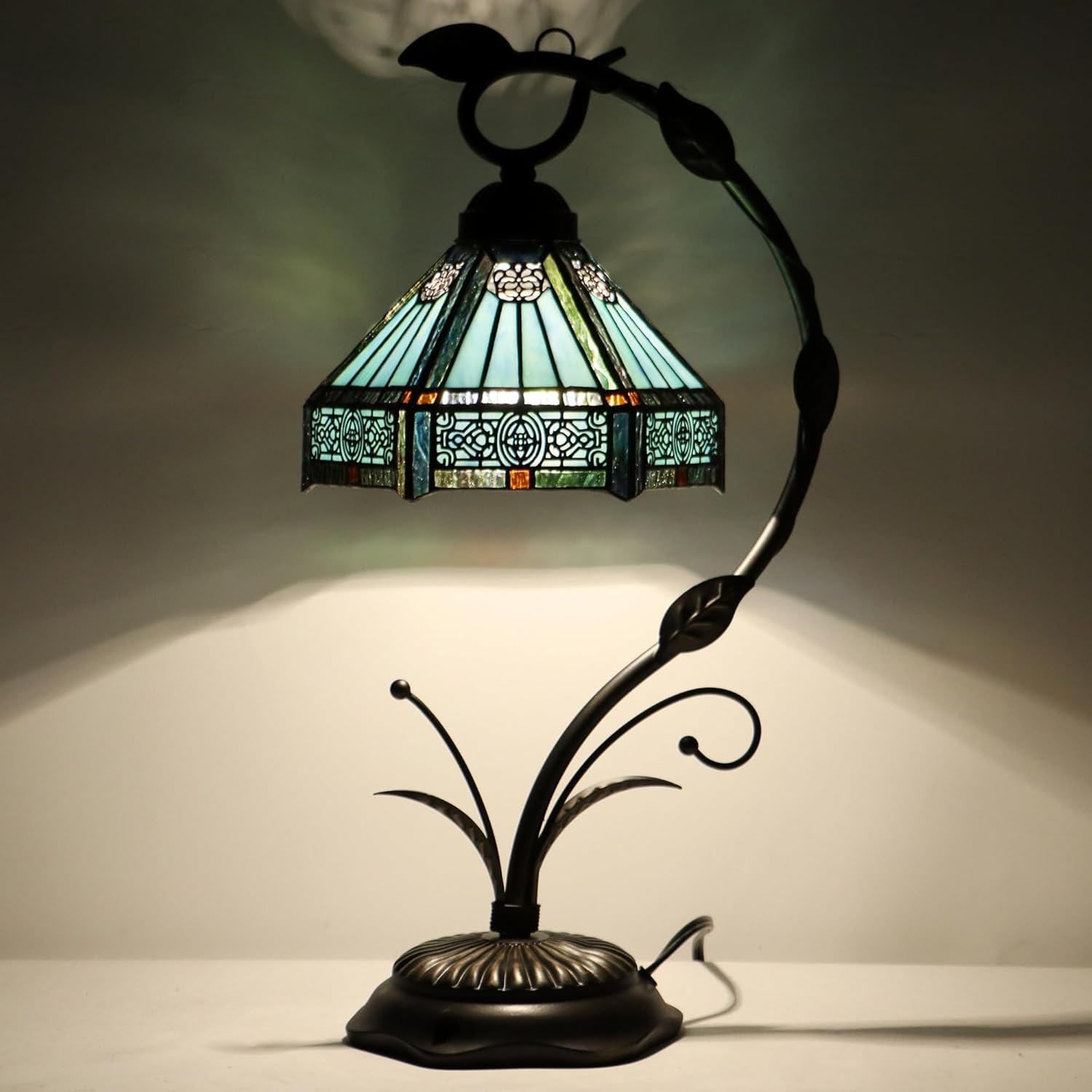 Tiffany lamp Stained Glass Table Lamp, Mission Style Desk Reading Light with Metal Leaf Base, 8X10X19 Inches (Mission Style)