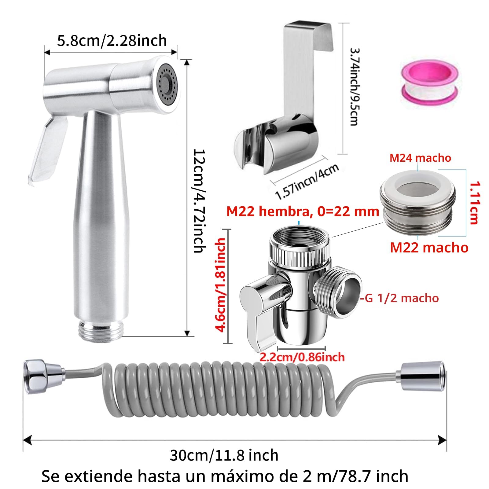 Juego de ducha de mano de acero inoxidable para bidé, accesorio de bidé con dispensador de grifo, gancho para manguera de muelle, dispensador de grifo, higiene del baño y limpieza de pañales