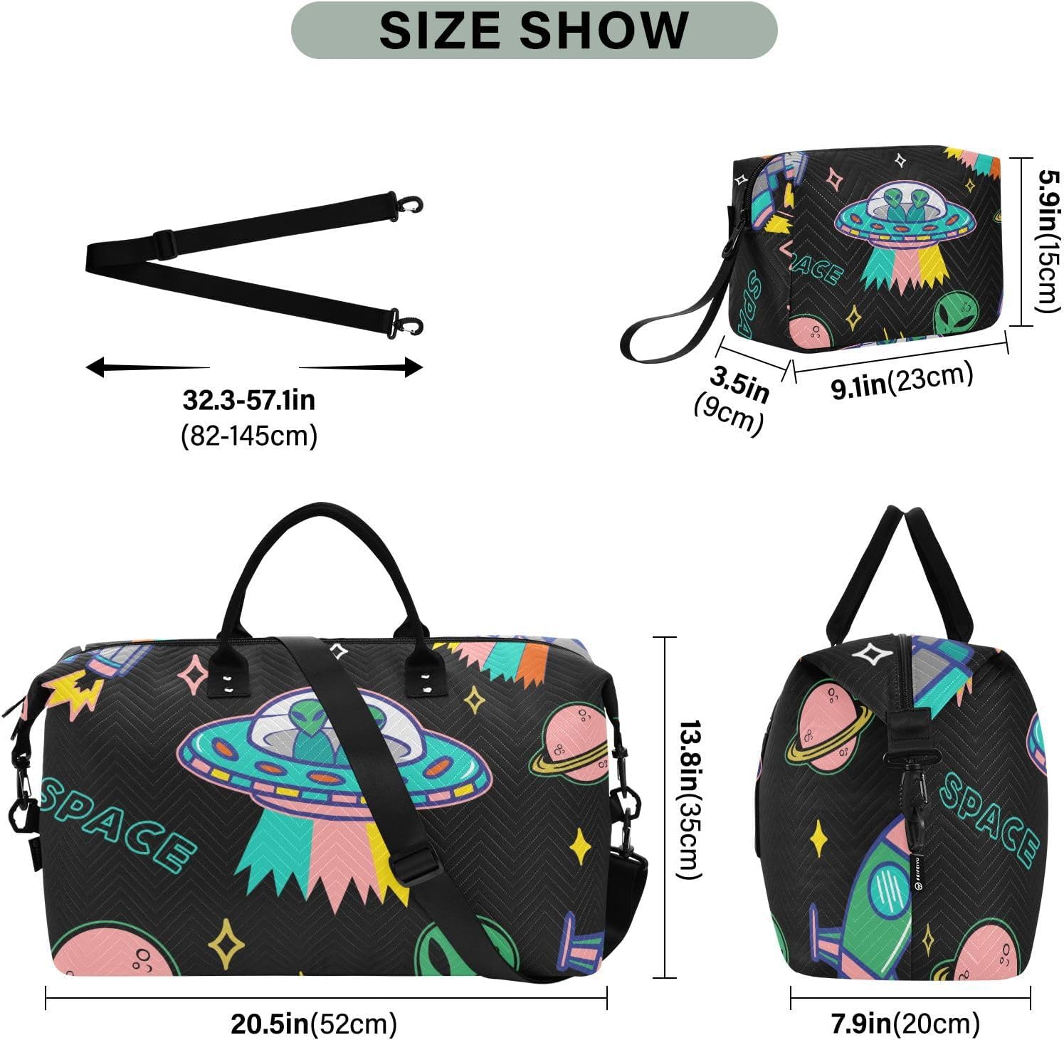 Aflyko Multicolor Unisex Adult Duffel Bag - 35L Travel Gym Tote Weekender Overnight Carry On Bag - Men Women Alien Rocket Sport Tote