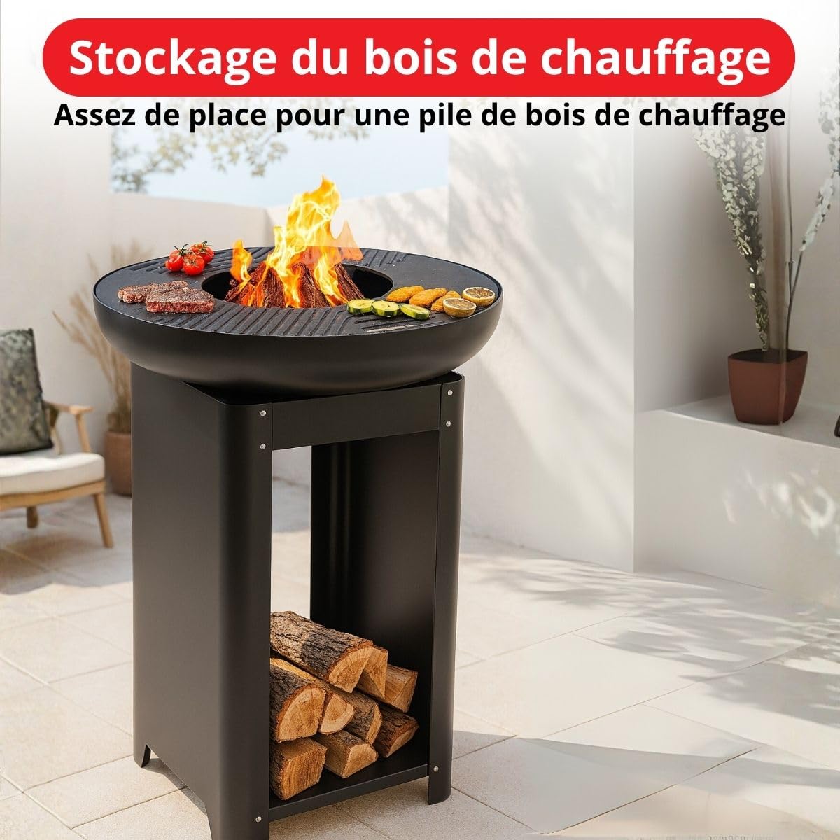 BBQ Collection Palenisko 3 w 1 z rusztem do grillowania – kosz paleniskowy 61 x 90 cm – kuchnia outdoorowa z teppanyaki i płytą grillową – Plancha BBQ z miejscem do przechowywania drewna – kominek