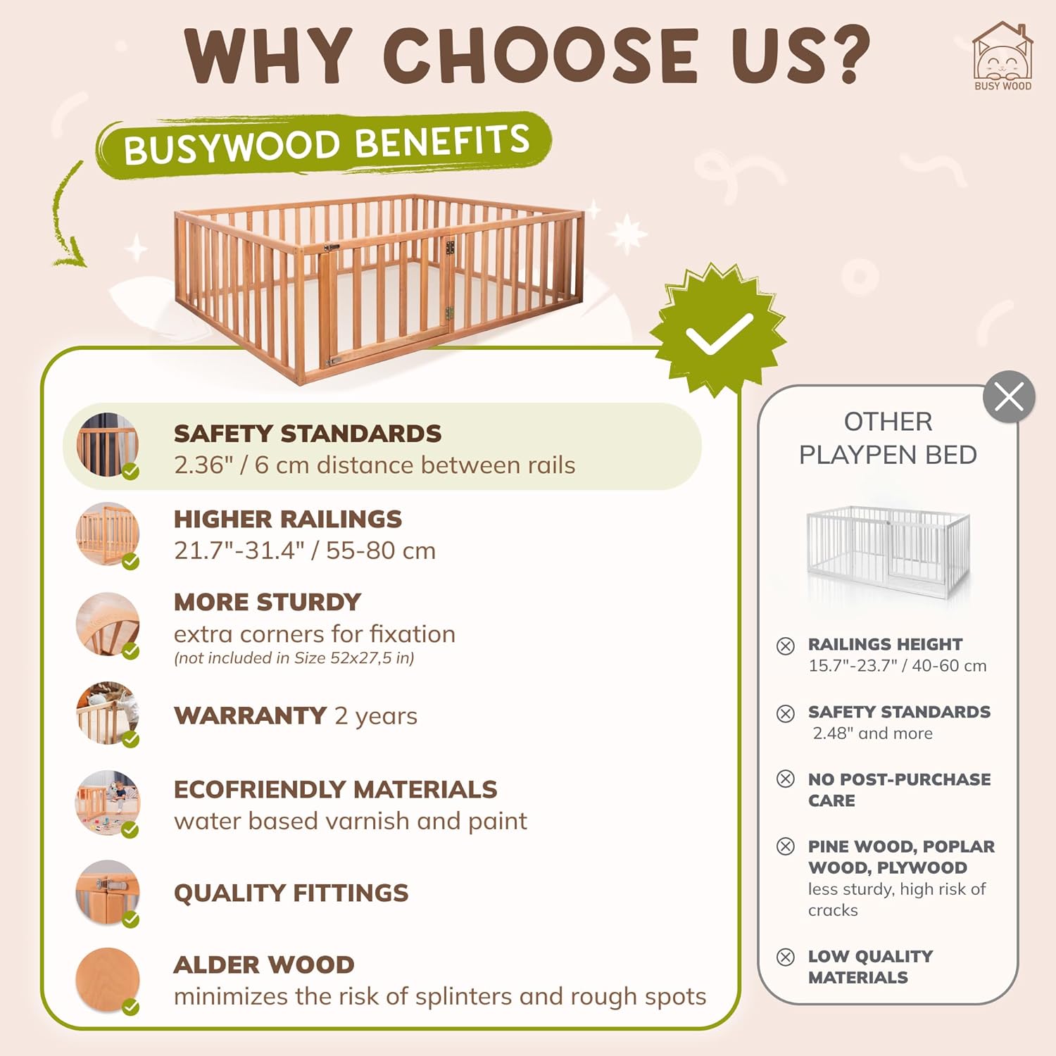 White Toddler Girl Bed with Rails - Montessori Wooden Floor Bed from Sturdy Alder Wood - Tall Toddler Floor Bedframe with Rails by BUSYWOOD, (Small/Twin/Full/Queen/King), Handmade (Model 20)