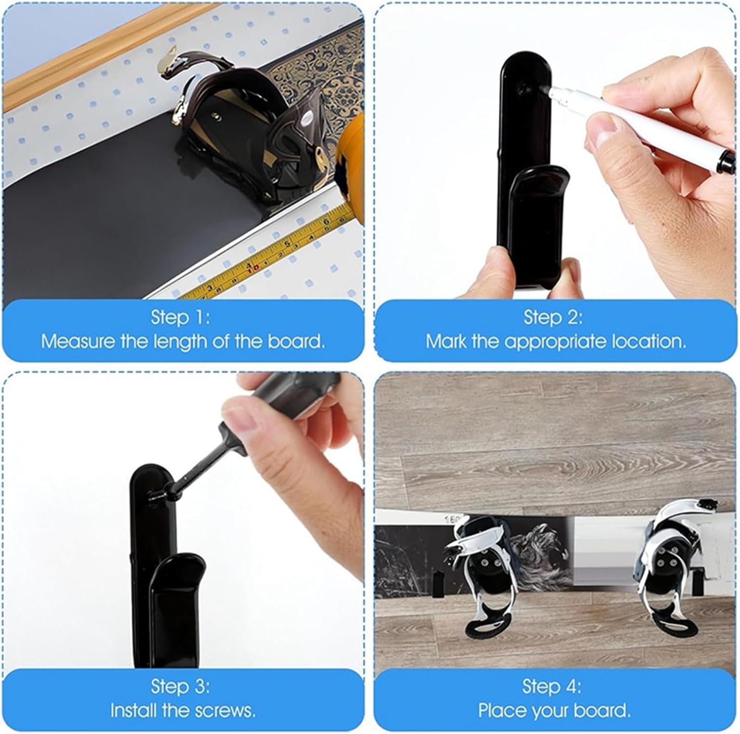 Snowboard Wall Mount 4Pcs Horizontal Snowboard Wall Racks Hanger Display Rack Ski Board Storage for Room, Garage