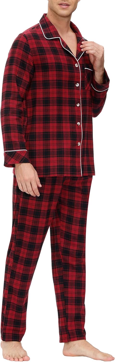 MoFiz Men's Cotton Pajamas Sets Sleepwear Long Sleeve Button Down Loungewear with Pants Soft Pjs Lounge Set with Pockets