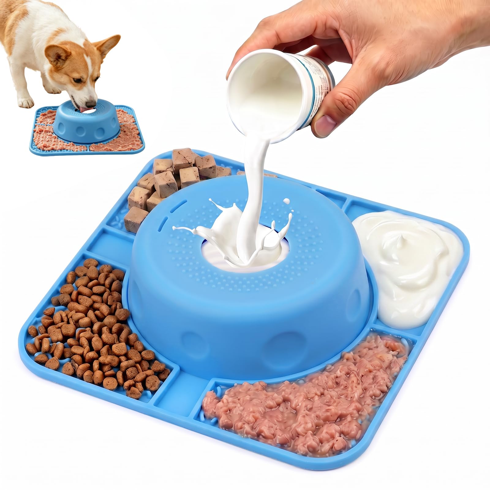 JIUBULUJIU Slow Feeder Dog Bowl with Additional 6 Anti-Slip Washers, Blue Dog Licking Bowl with Ball, Slow Feeder with Non-Slip Licking Mat for Wet Food, Liquid Treats, Nutritional Supplements