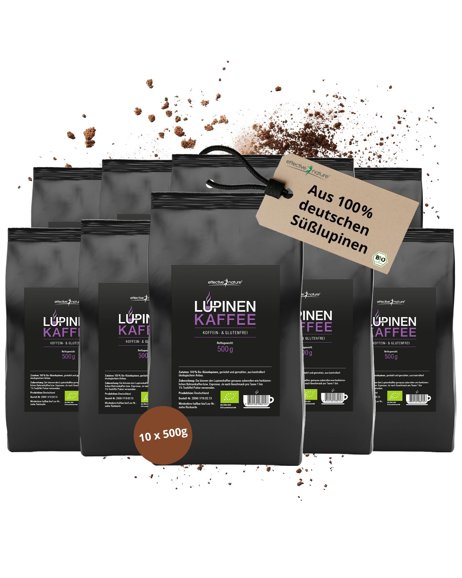 effective nature Lupinenkaffee - 10 x 500 g Pulver - Der ideale Kaffeeersatz - Koffein- und Glutenfrei - Aus kontrolliertem Bio-Anbau - In Deutschland hergestellt – Vollmundig-aromatischer Geschmack
