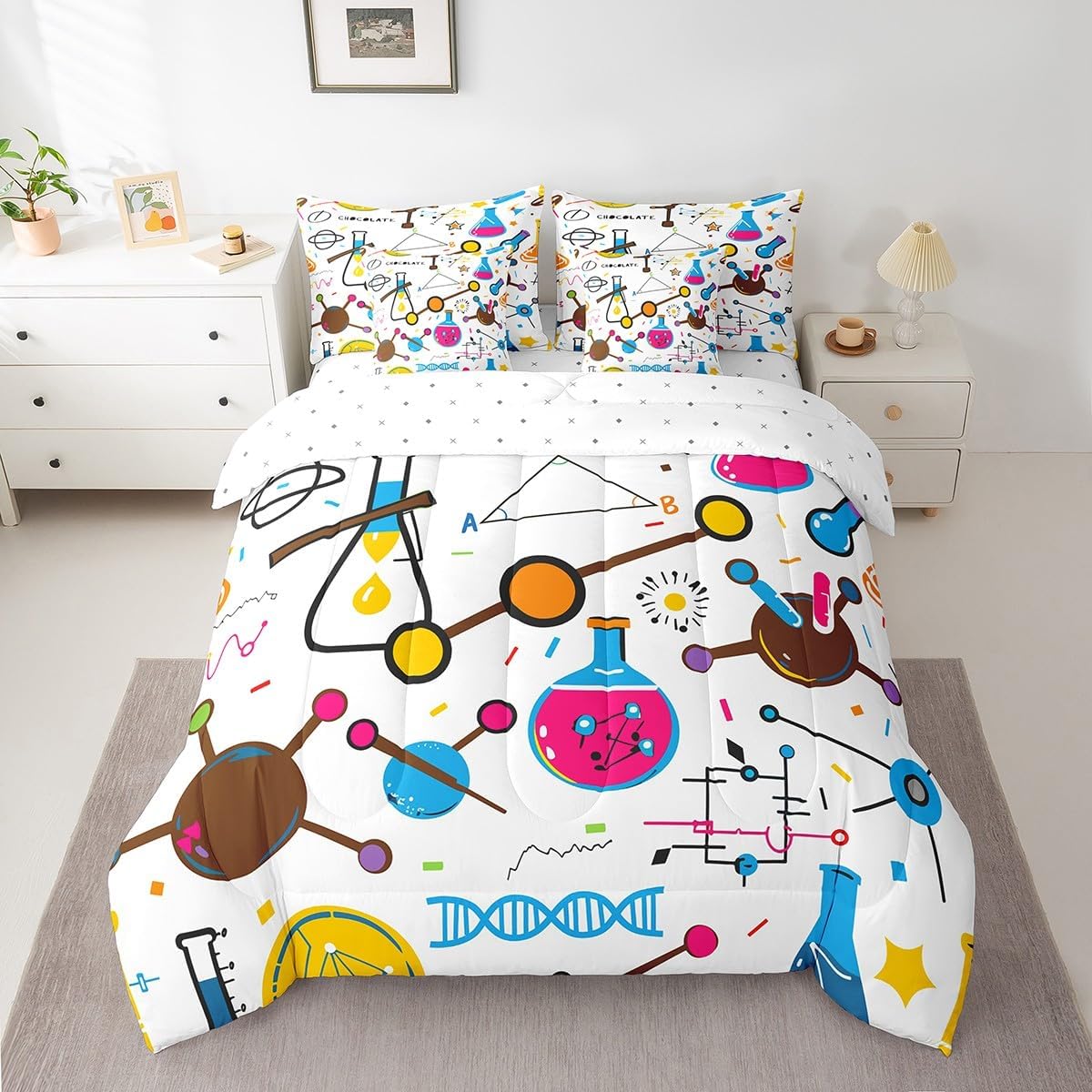 Chemical Equation Twin Comforter Set,Chemistry Science Learning Gift 7 Pieces Bed in a Bag,School Supplies Bedding Sets with 1 Comforter,1 Flat Sheet,1 Fitted Sheet,2 Pillowcase and 2 Pillow Sham
