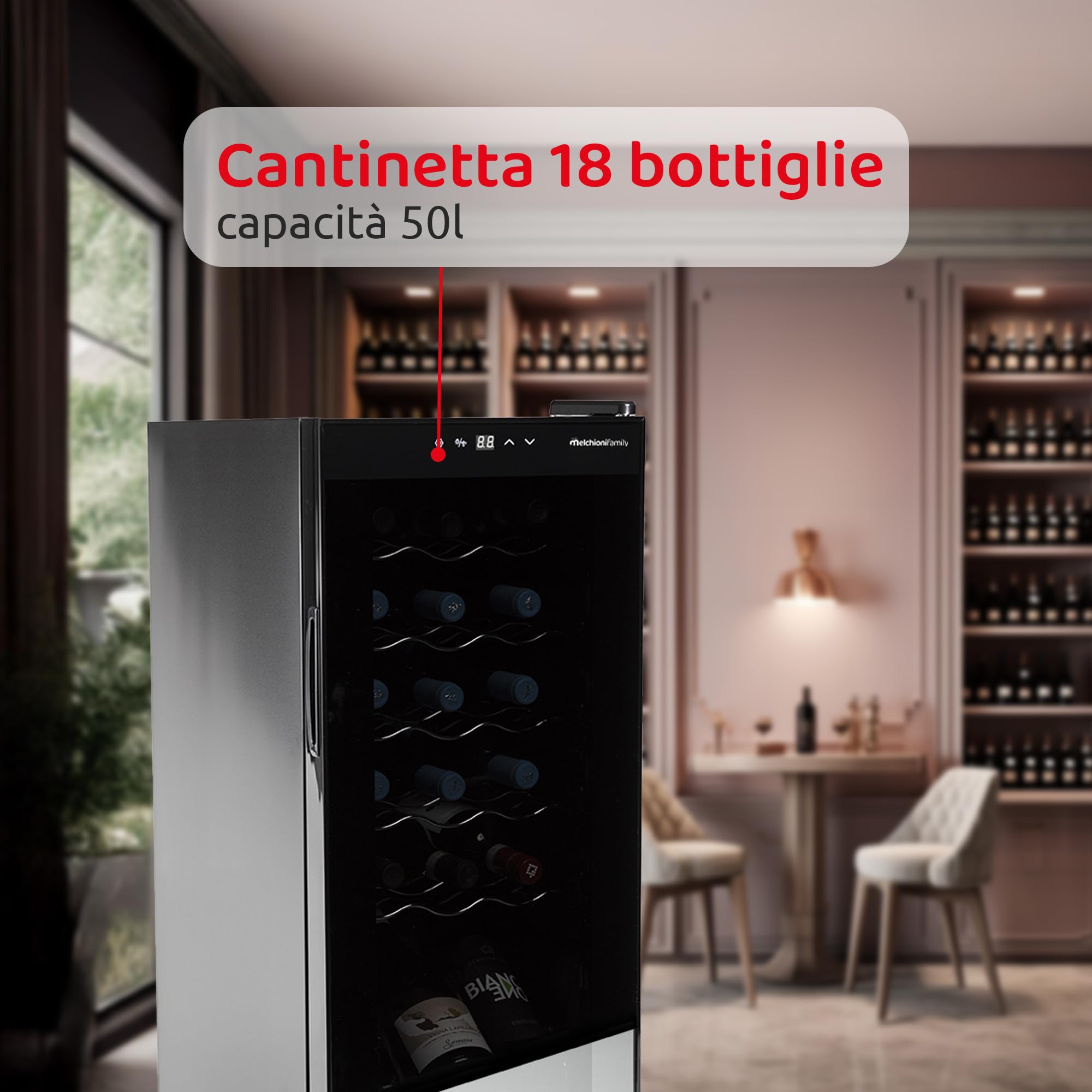 Melchioni Family | Cantinetta Vino Refrigerata, VERMENTINO 18C, Capacità 18 Bottiglie / 50 litri, Temperatura Regolabile 5-18°, con Compressore, Porta Vetro Temperato e Filtro Anti UV