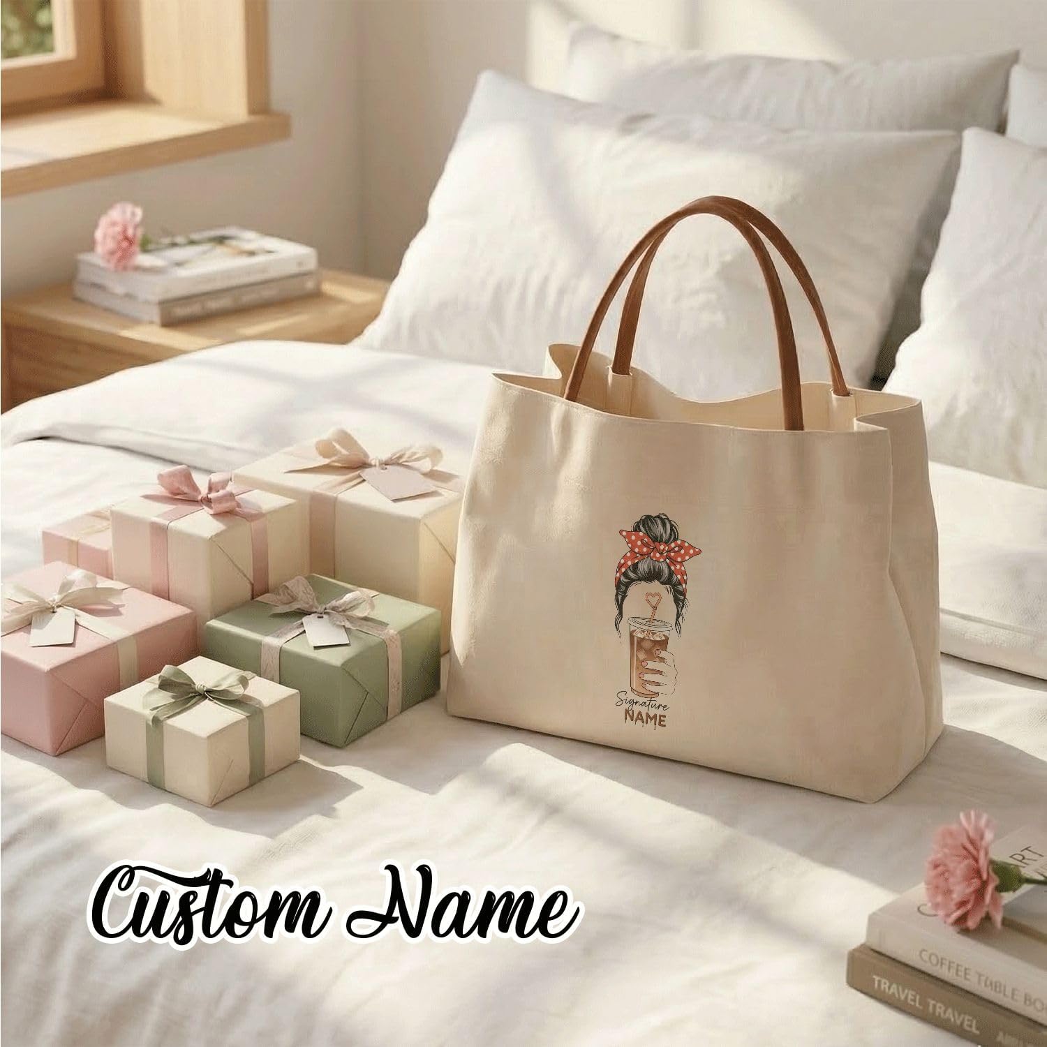 JugJug Personalized Canvas Tote Bag with Custom Name Candy Love Graphic Faux Leather Handles for Women Mothers Day